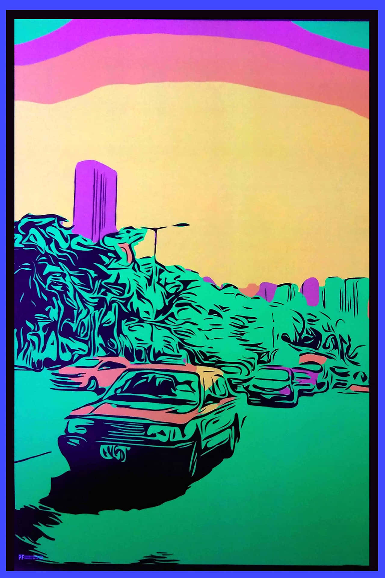 迷幻動圖 桌布 壁紙 — 充滿活力的普普藝術插圖，描繪了在道路上行駛的汽車，背景是迷幻的天空和風格化的樹葉。