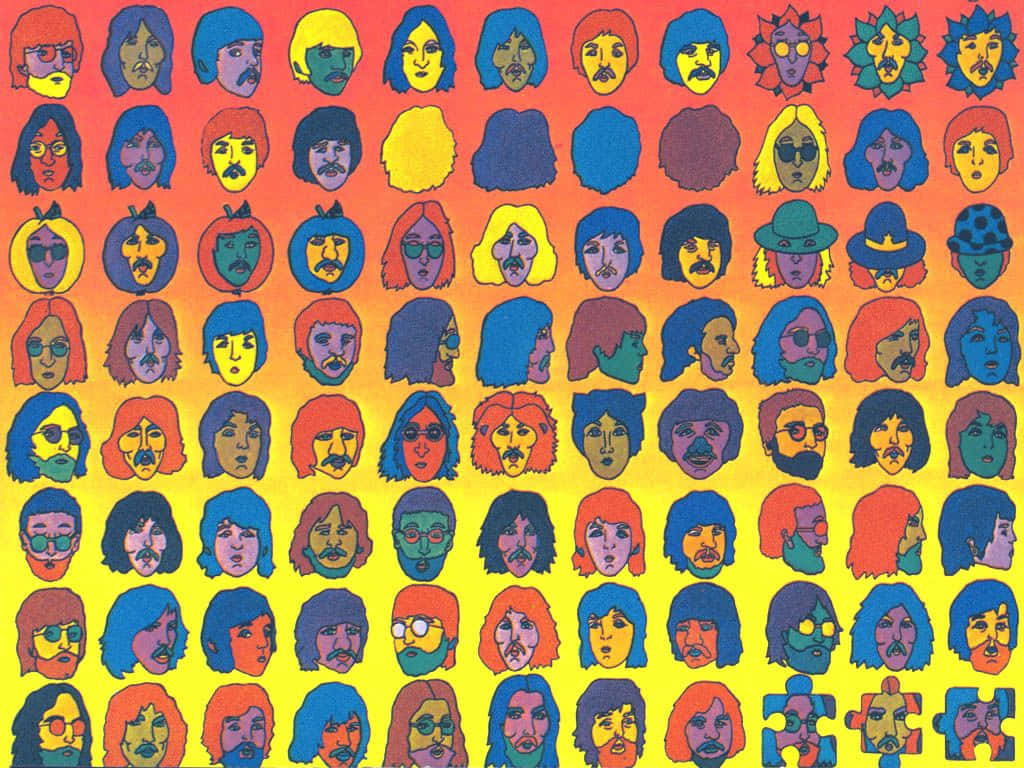 the beatles 桌布 壁紙 — 充滿活力的普普藝術網格，呈現迷幻面孔，色彩大膽，表情多變，背景為漸變色。