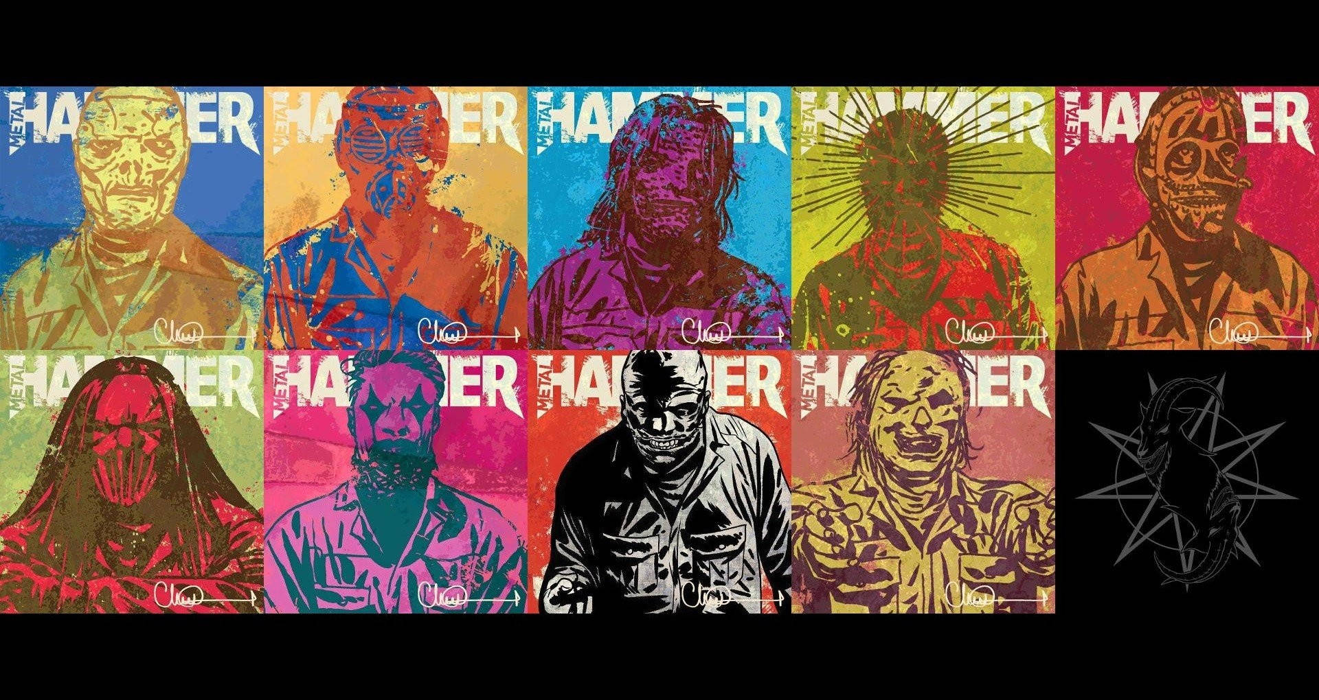 Slipknot 桌布 壁紙 — 充滿活力的普普藝術風格肖像，描繪類似殭屍的人物，色彩大膽飽和，帶有 'HAMMER' 文字疊加。