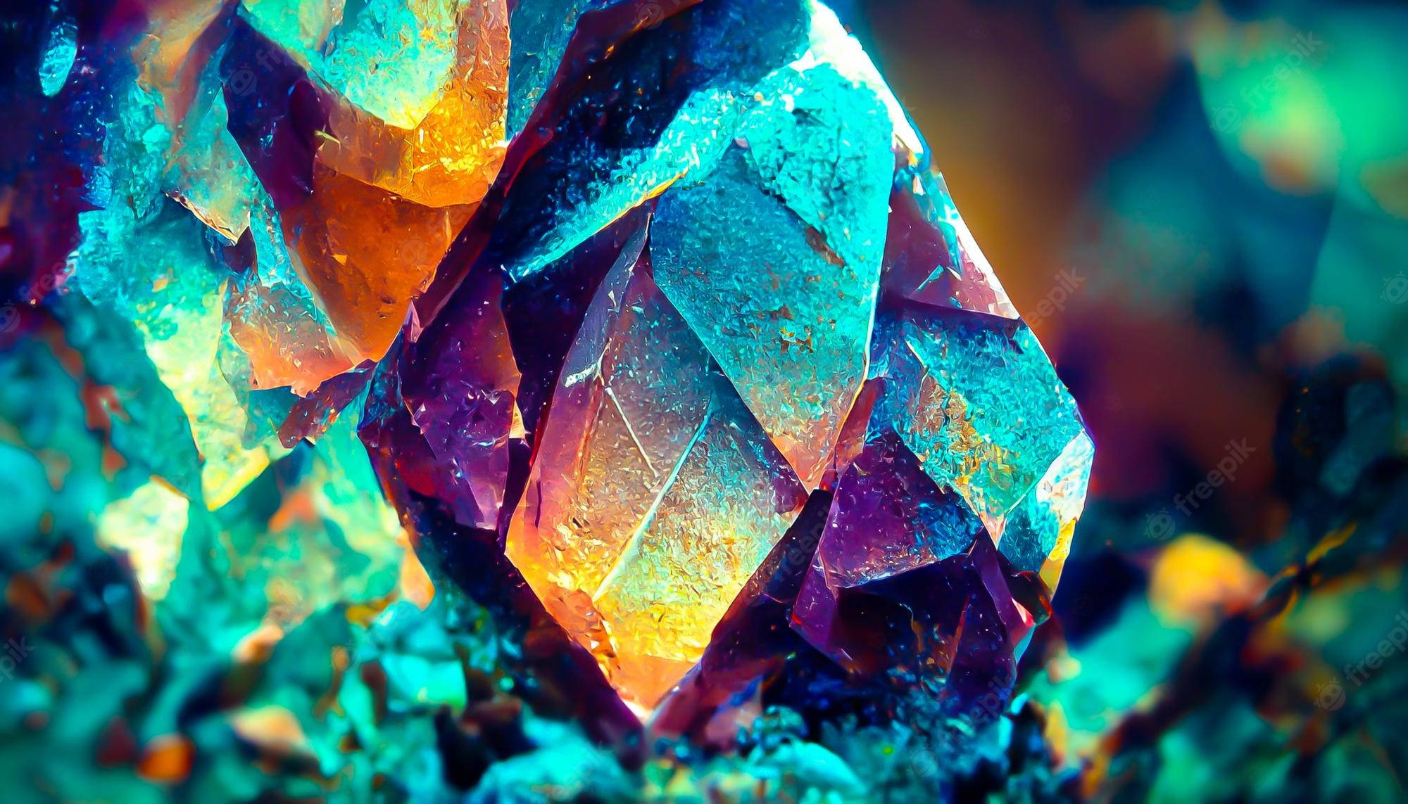 水晶 桌布 壁紙 — 充滿活力的晶體結構在超現實的礦物特寫中散發著電光藍綠色、橙色和紫色的色調。