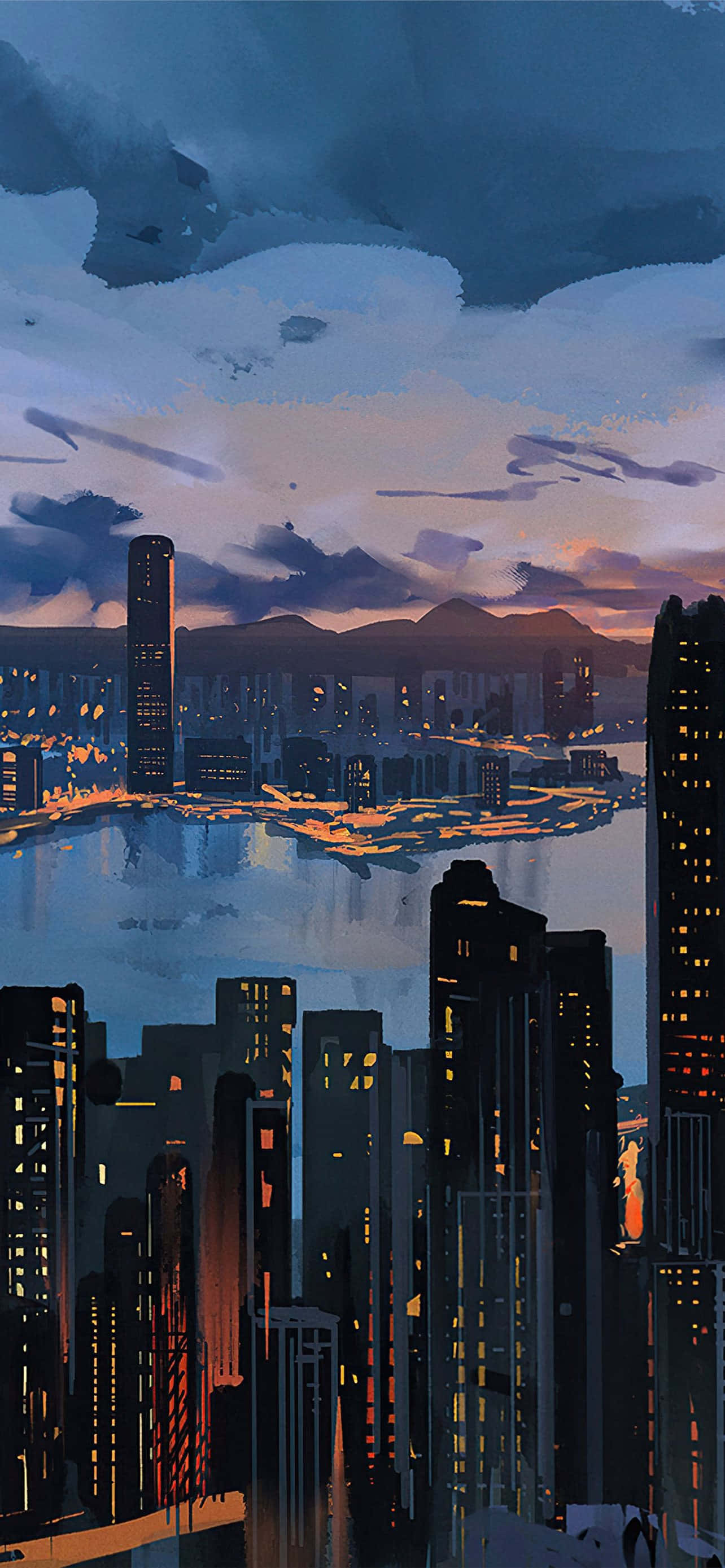 動漫 桌布 壁紙 — 充滿活力的暮色城市景觀，高聳的摩天大樓在憂鬱的紫色和橙色天空映襯下，在水面上反射出溫暖的燈光。