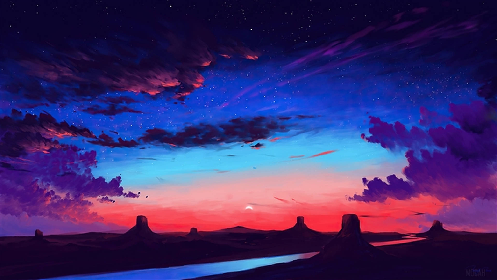 夕陽天空 桌布 壁紙 — 充滿活力的暮色天空，帶有紫色、粉紅色和藍色的雲彩條紋，映襯著剪影般的沙漠孤峰和發光的河流。