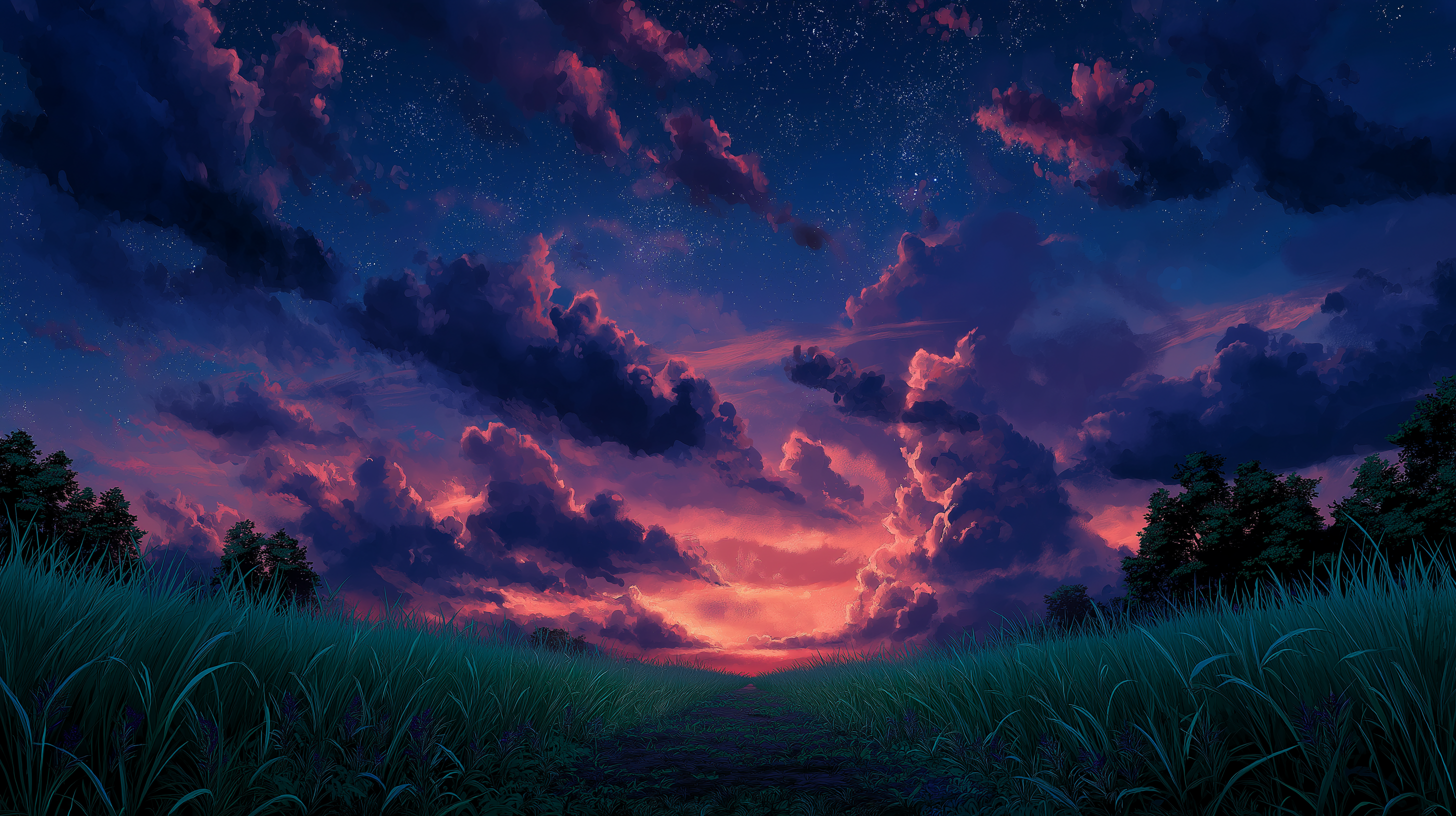 field 桌布 壁紙 — 充滿活力的暮色天空，紫色、粉紅色和橙色的雲彩，下方是樹木環繞的草地。