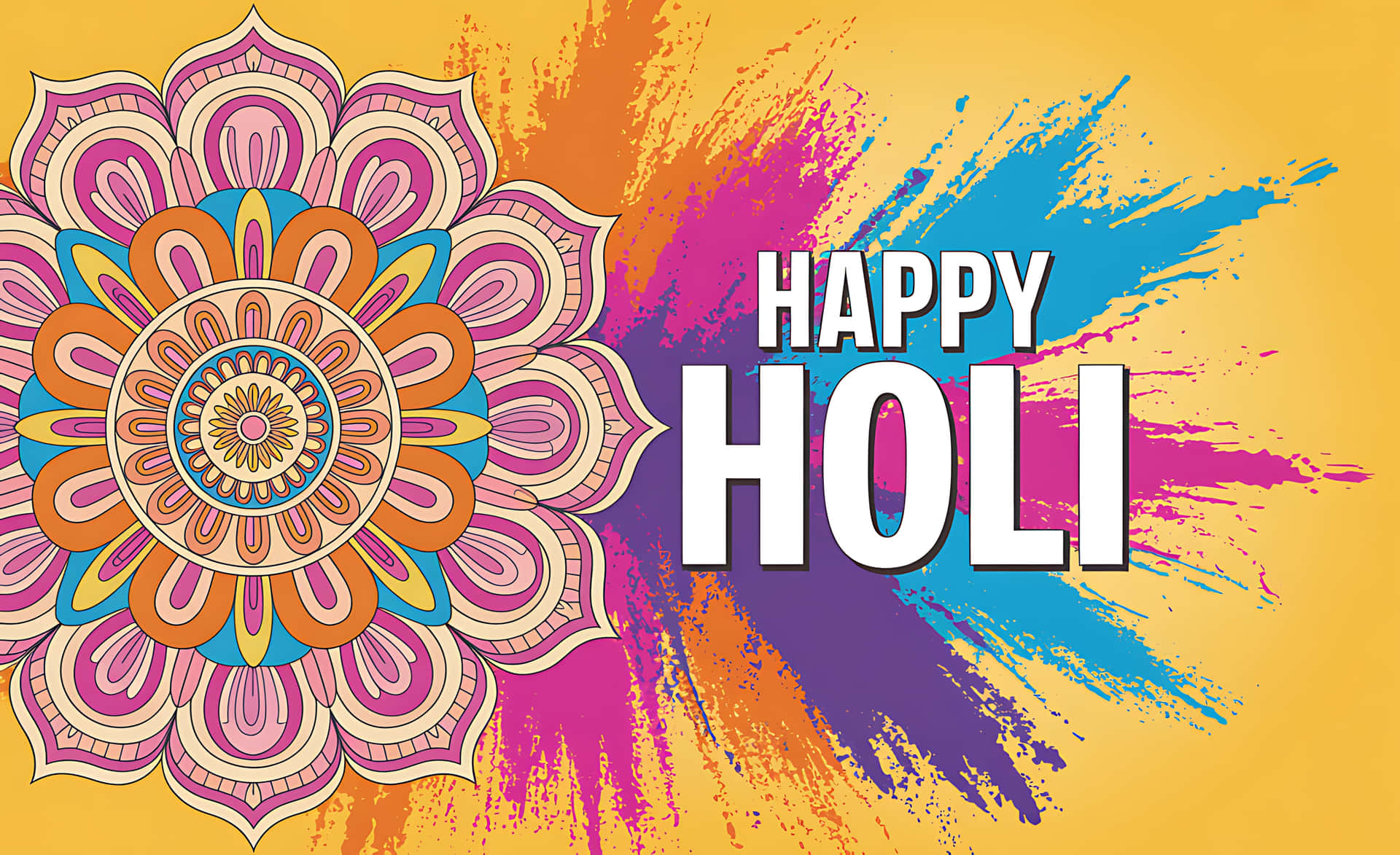 Vibrant holi celebration background with mandala design 壁紙 — 充滿活力的曼陀羅，帶有粉紅色、橙色、藍色和黃色的層疊花瓣，在金色背景上綻放，並有粗體白色文字寫著 happy holi。