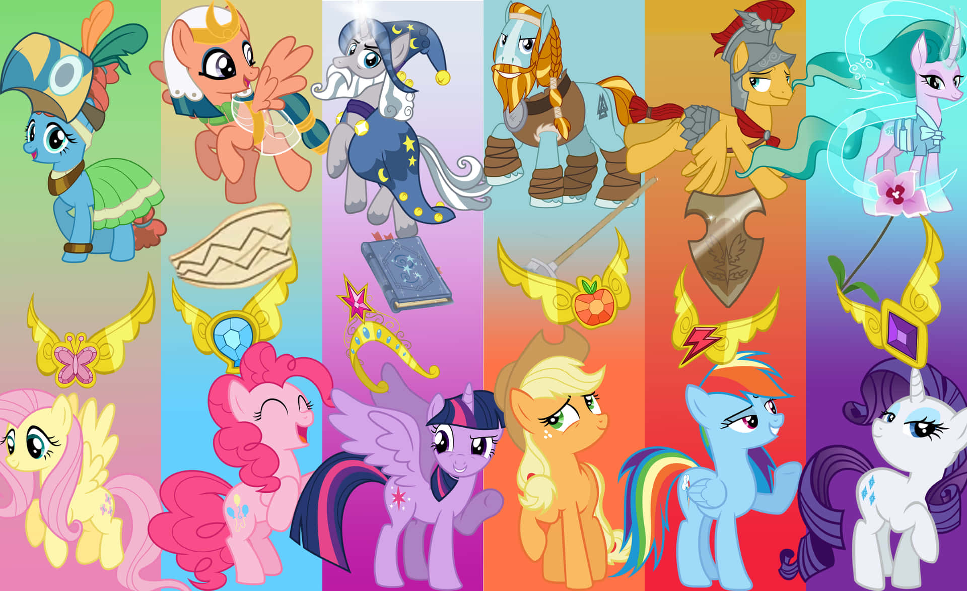 彩虹小馬 桌布 壁紙 — 充滿活力的桌布，以彩色垂直面板展示My Little Pony角色及魔法配件。