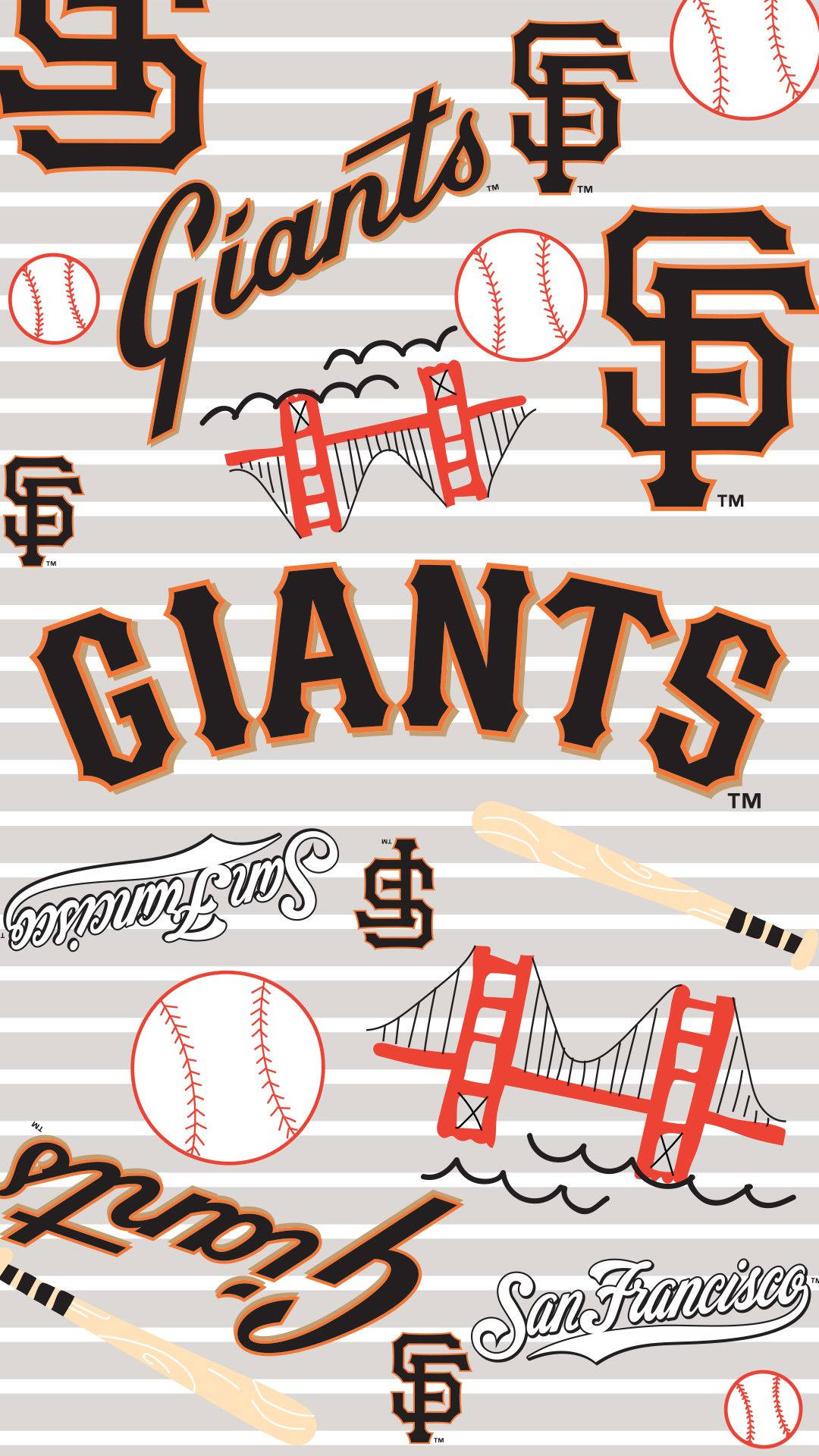 Giants 桌布 壁紙 — 充滿活力的桌布，以灰色條紋背景襯托舊金山巨人隊標誌、棒球和金門大橋圖標。