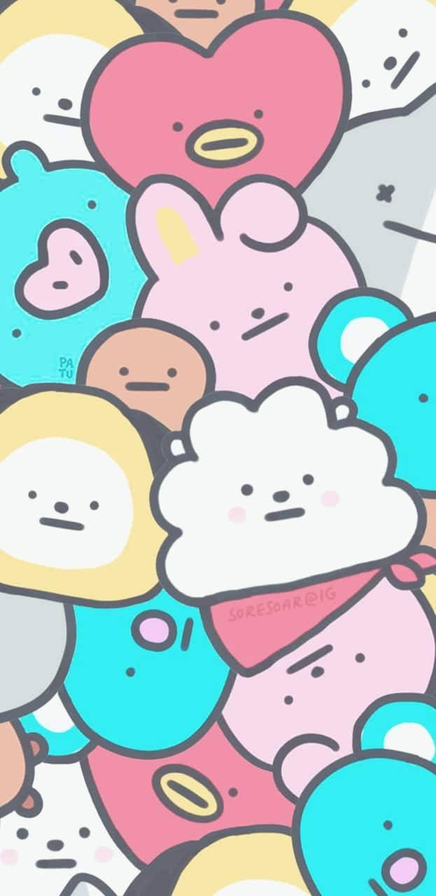 可愛卡通角色以粉彩顏色和簡單面孔玩味地重疊。 — BTS 卡通 GIF 壁紙