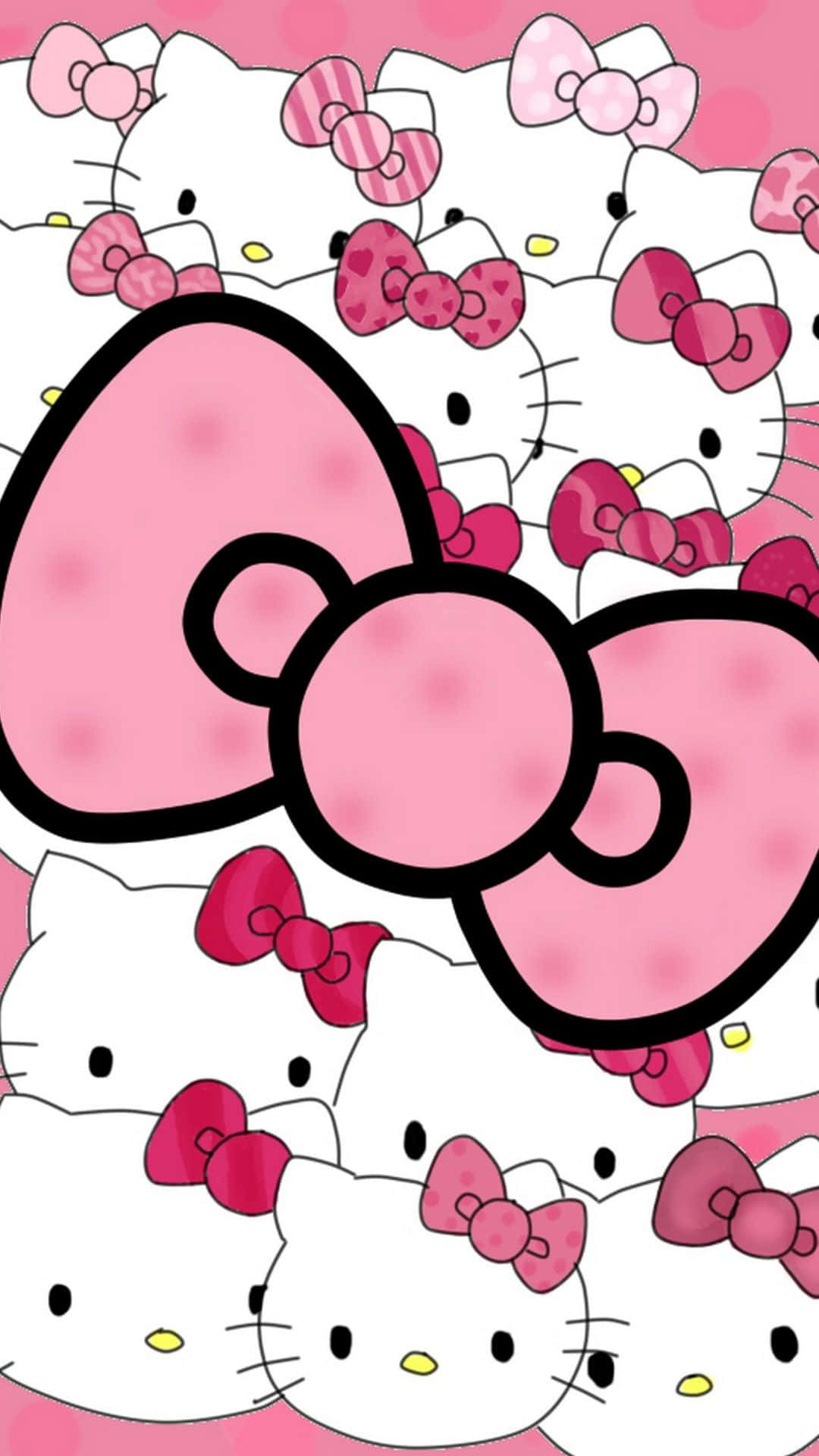 桌布 壁紙 — 充滿活力的桌布，重複出現帶有粉紅色蝴蝶結的Hello Kitty面孔，背景為粉紅色。