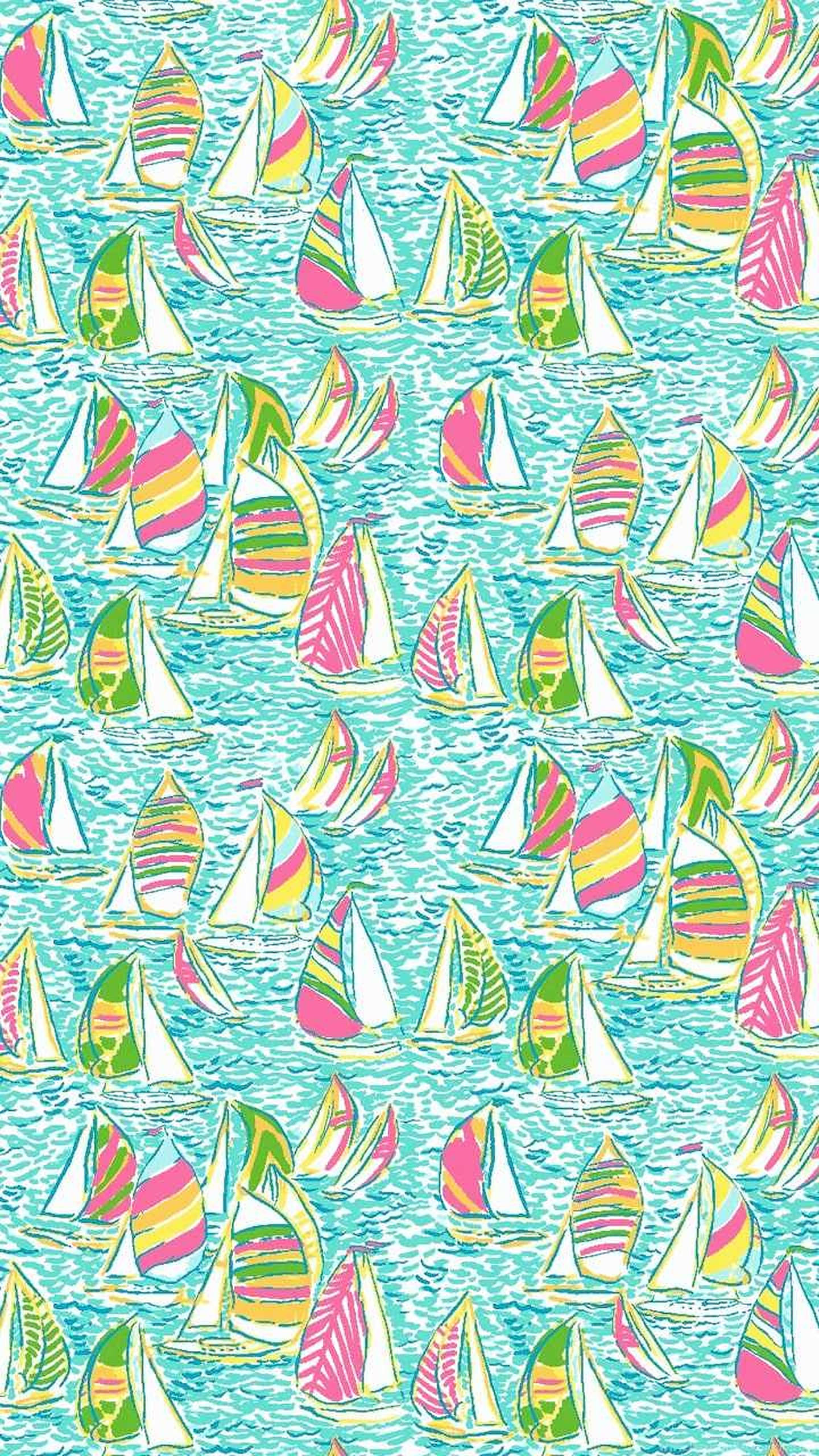 lilly 桌布 壁紙 — 充滿活力的條紋帆船點綴在碧綠色的海洋上，形成俏皮的重複圖案。