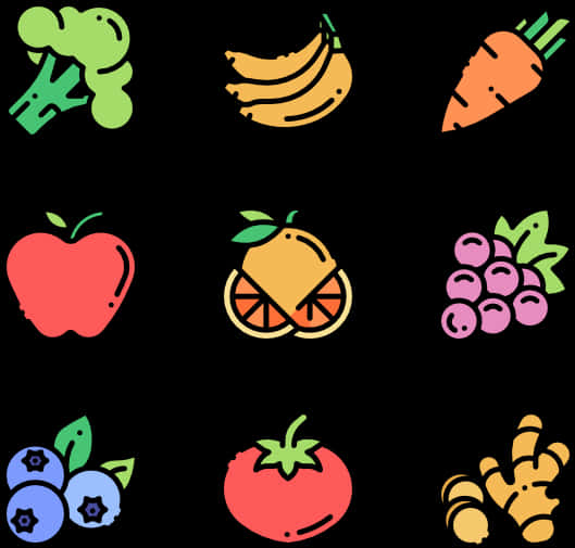 Fruit 桌布 壁紙 — 充滿活力的極簡主義圖示，新鮮水果和蔬菜以網格排列在黑色背景上。