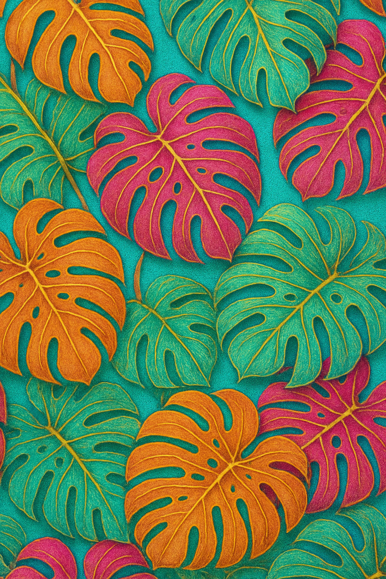 Seamless floral pattern. 壁紙 — 充滿活力的橘、粉紅和青綠色龜背竹葉，帶有金色葉脈，重疊在紋理青綠色背景上。