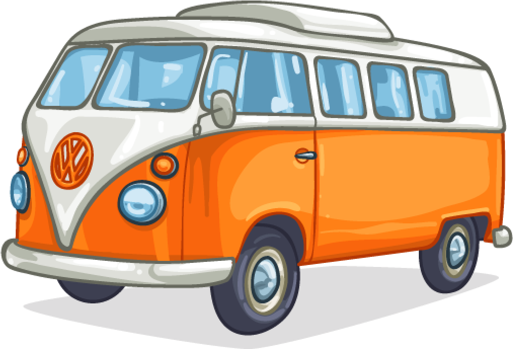 福斯汽車 桌布 壁紙 — 充滿活力的橙白色復古福斯偉根廂型車，帶有藍色車窗和經典圓形頭燈。