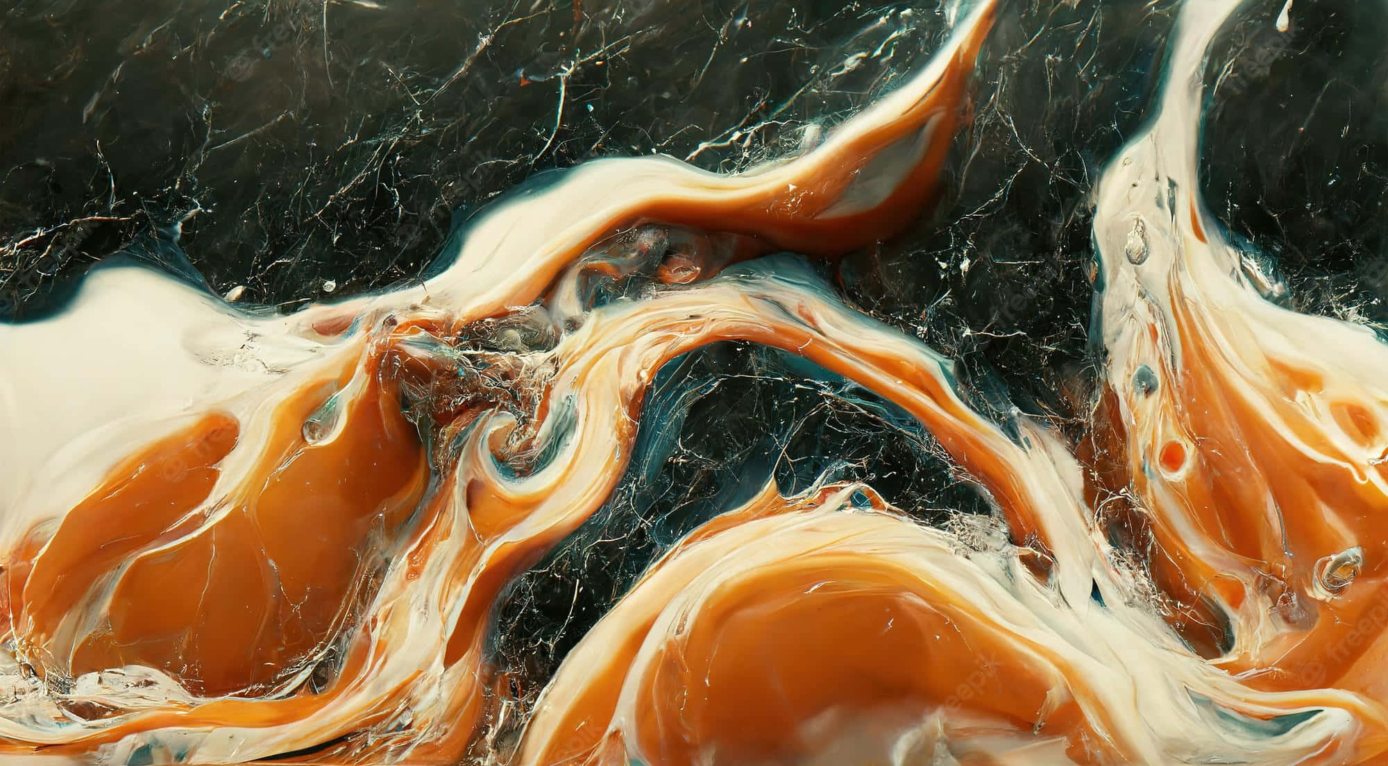 Marble iPad 桌布 壁紙 — 充滿活力的橙色、白色和藍綠色液體漩渦在深色大理石紋背景上動態流動。