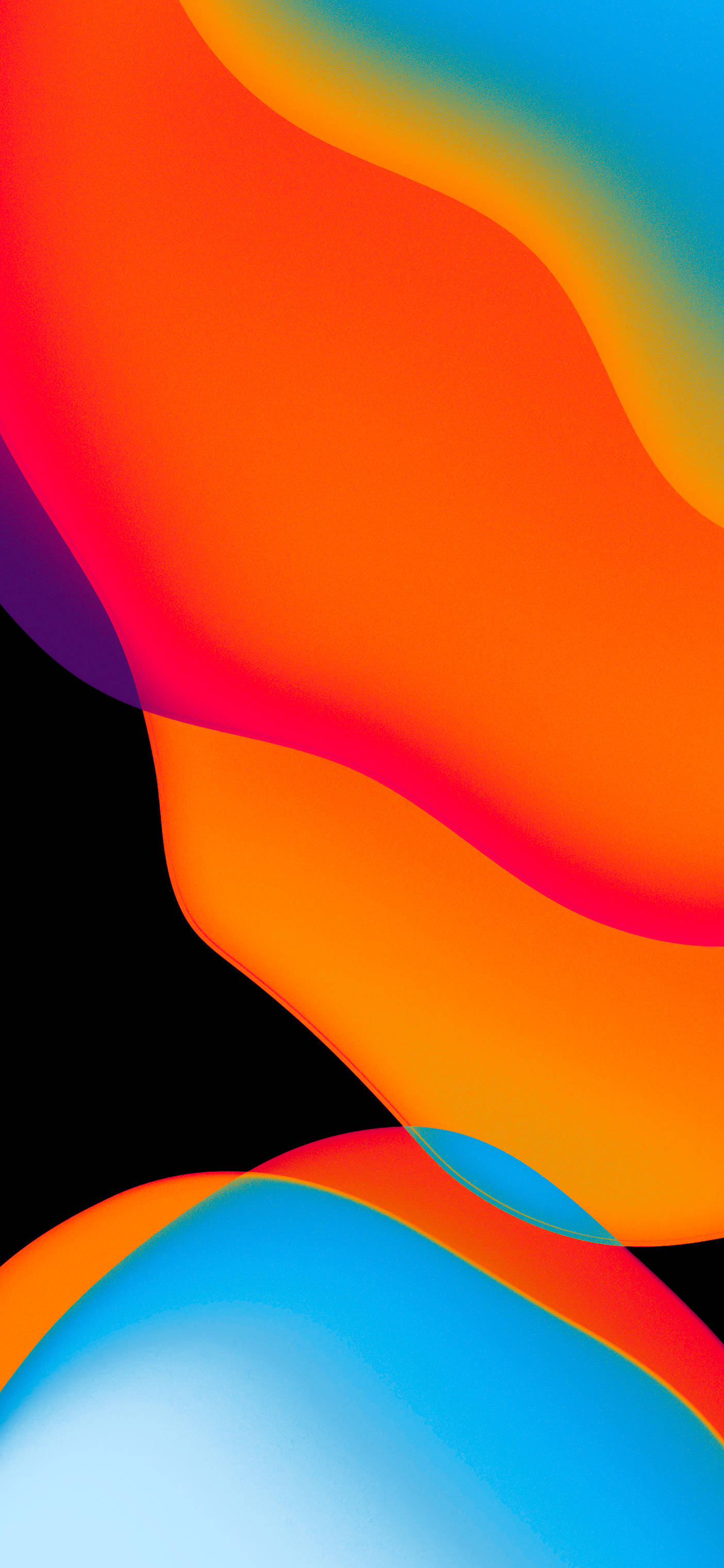 iOS 15 桌布 壁紙 — 充滿活力的橙色、粉紅色和藍色抽象波浪在純黑色背景上動態流動。