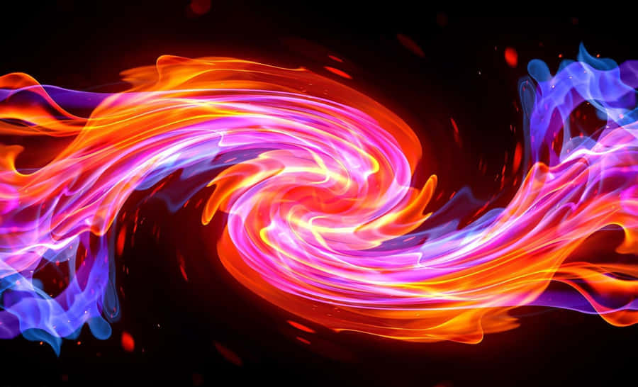 Red And Blue Fire 桌布 壁紙 — 充滿活力的橙色、粉紅色和藍色旋轉火焰在黑暗背景上舞動，伴隨著發光的餘燼。