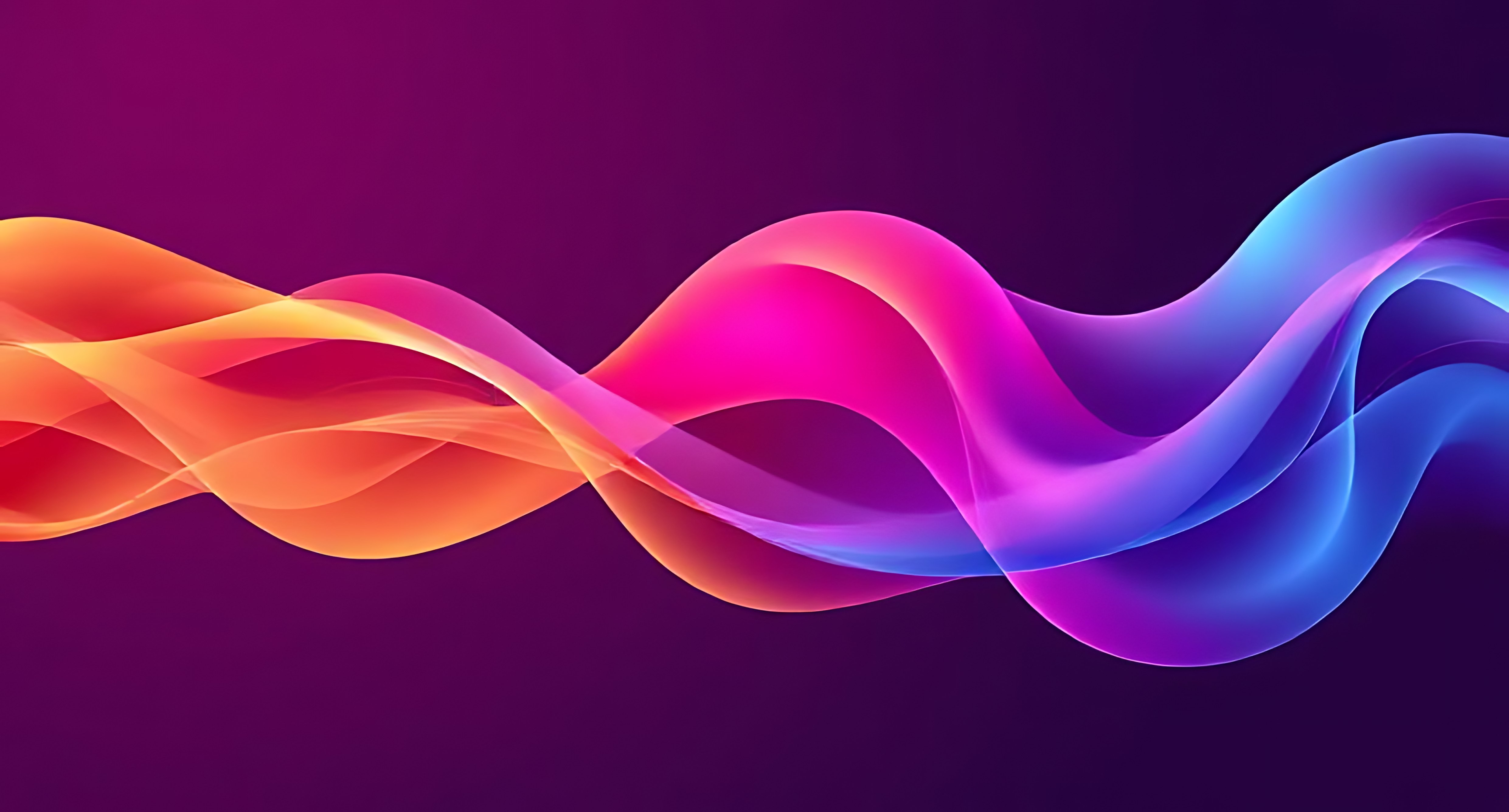 Wavy Lines 桌布 壁紙 — 充滿活力的橙色、粉紅色和藍色流動絲帶在深紫色背景上泛起漣漪。