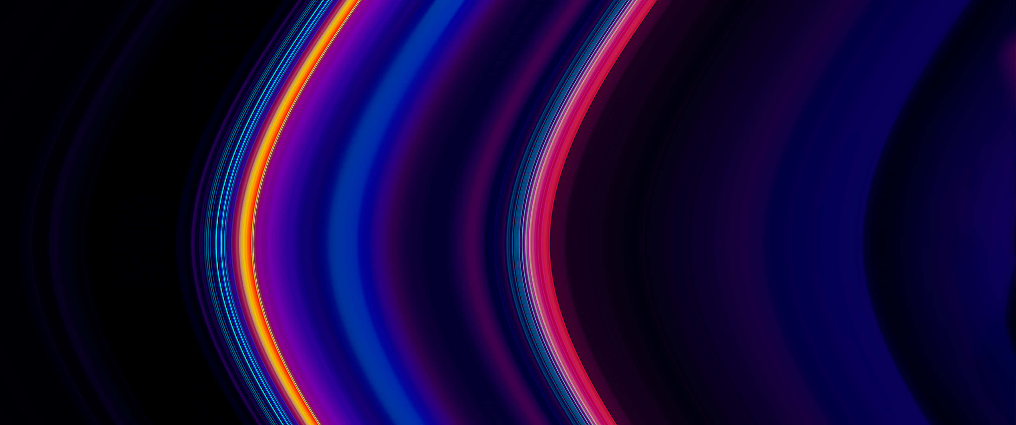 3440x1440 Neon 桌布 壁紙 — 充滿活力的橙色、粉紅色和藍色霓虹條紋在深黑色背景上動態彎曲。
