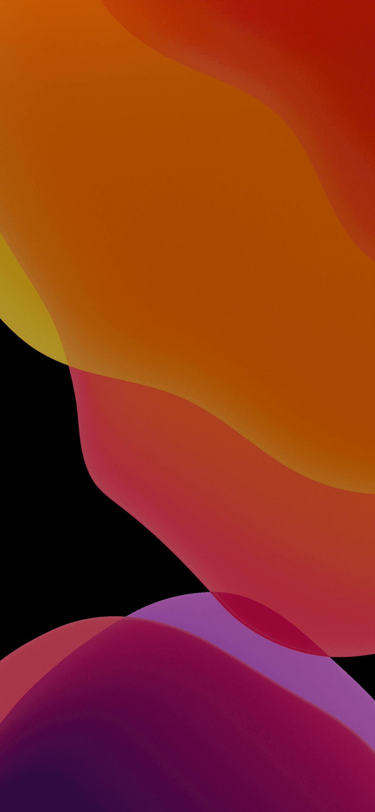 iOS 13 桌布 壁紙 — 充滿活力的橙色、紅色和紫色抽象波浪在純黑色背景上流動。