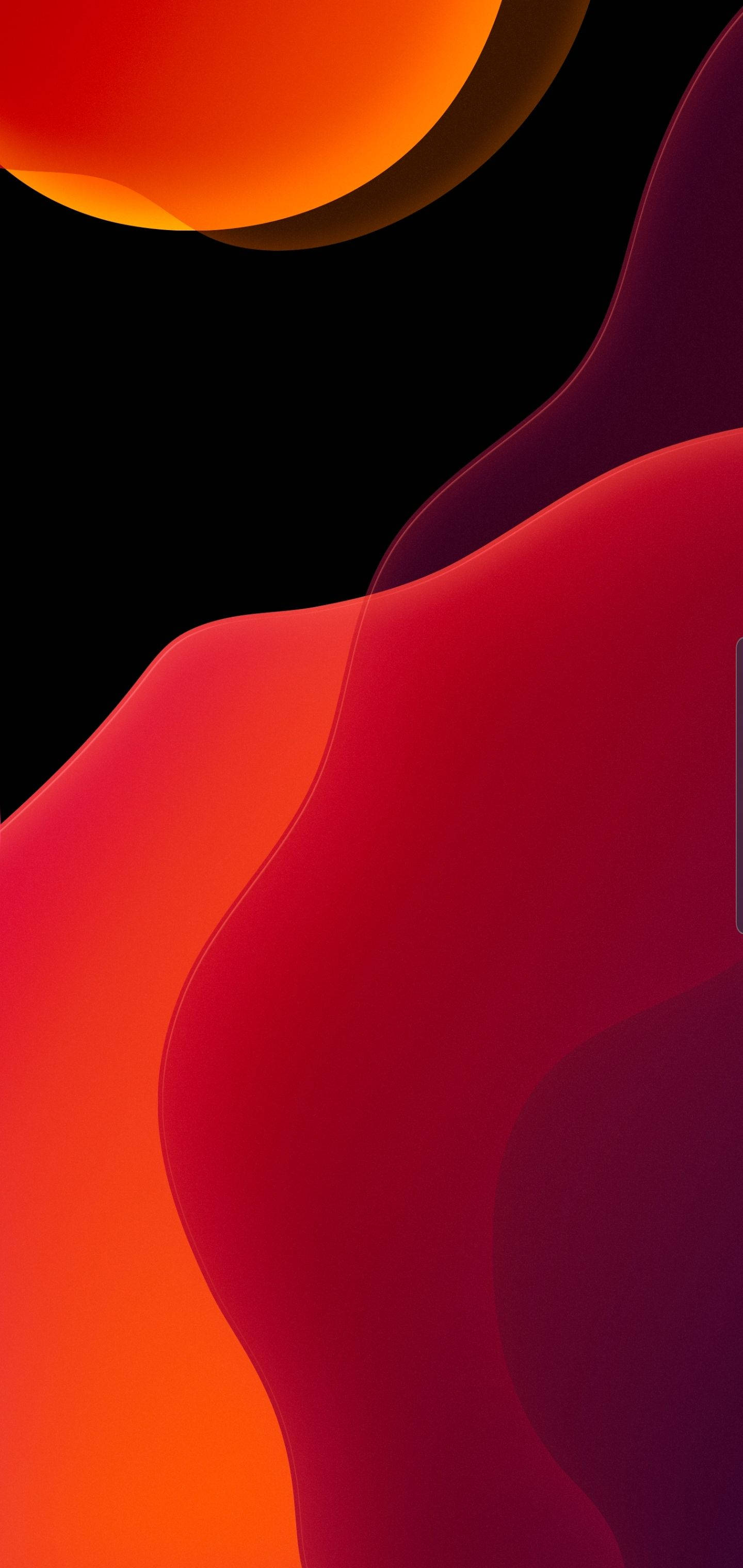 iOS 13 桌布 壁紙 — 充滿活力的橙色、紅色和紫色抽象波浪在純黑色背景上流動。