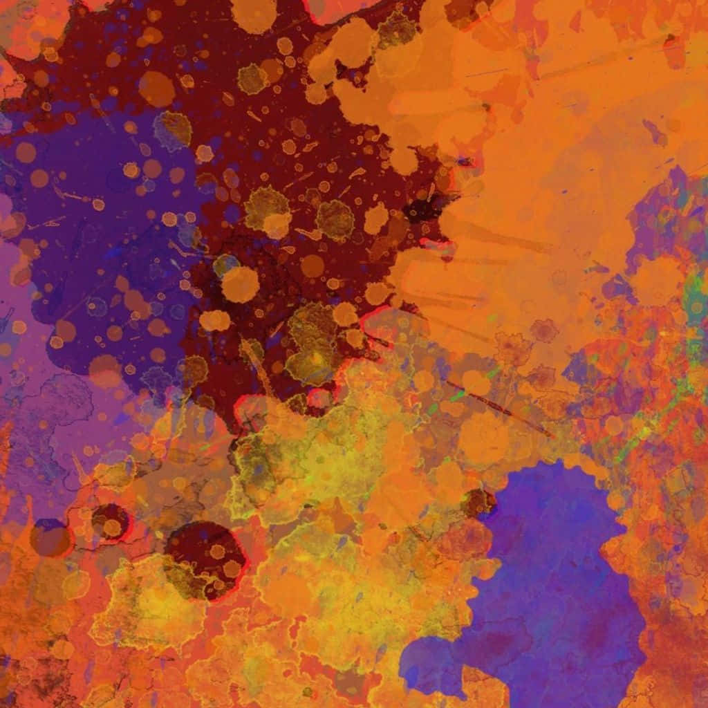 Contemporary Art 桌布 壁紙 — 充滿活力的橙色、紫色和黃色抽象顏料飛濺，帶有紋理圓形圖案。