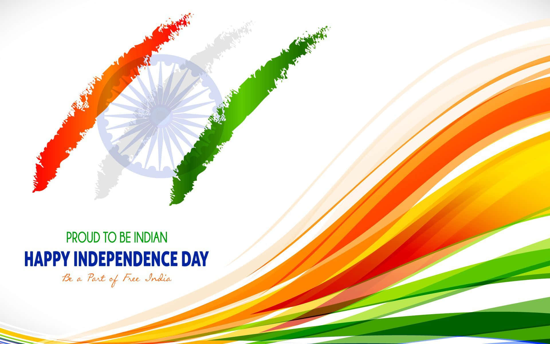 Independence Day 桌布 壁紙 — 充滿活力的橙色、綠色和白色筆觸波浪在中央的Ashoka Chakra標誌後面動態流動，慶祝印度獨立日。