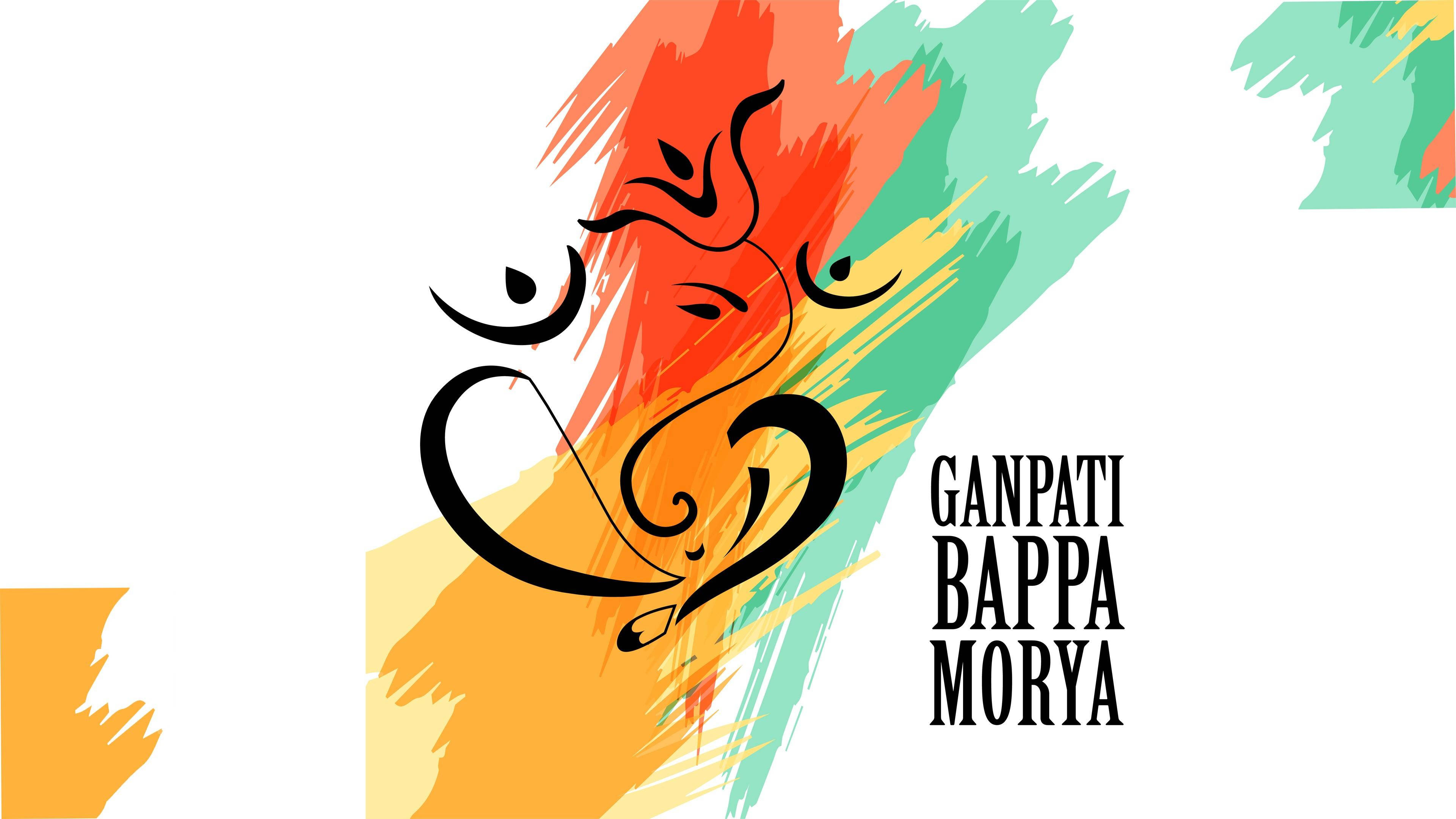 ganpati 4K 桌布 壁紙 — 充滿活力的橙色、綠色和黃色抽象筆觸，框住了一個風格化的黑色象神輪廓，並帶有文字 Ganpati Bappa Morya。