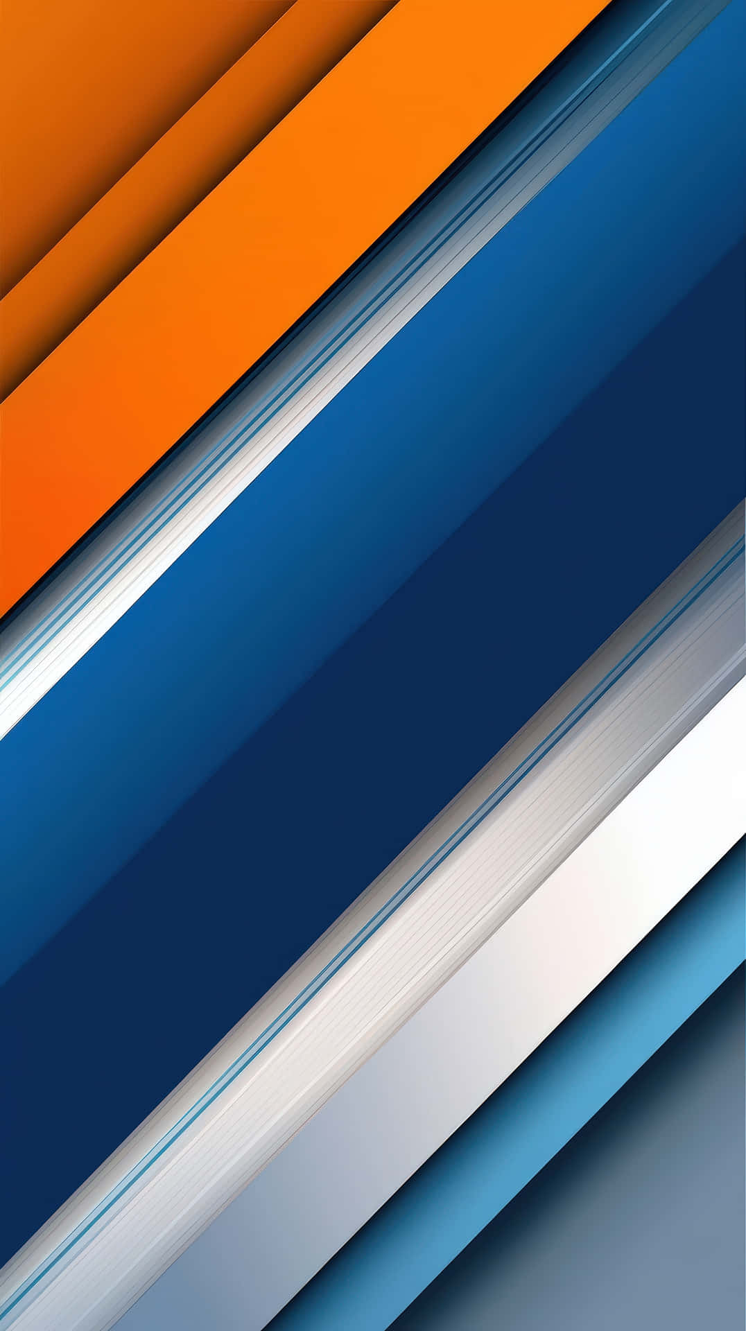 Abstract Geometric Design with Blue and Orange 壁紙 — 充滿活力的橙色、藍色和白色對角條紋，創造出大膽的現代抽象構圖。