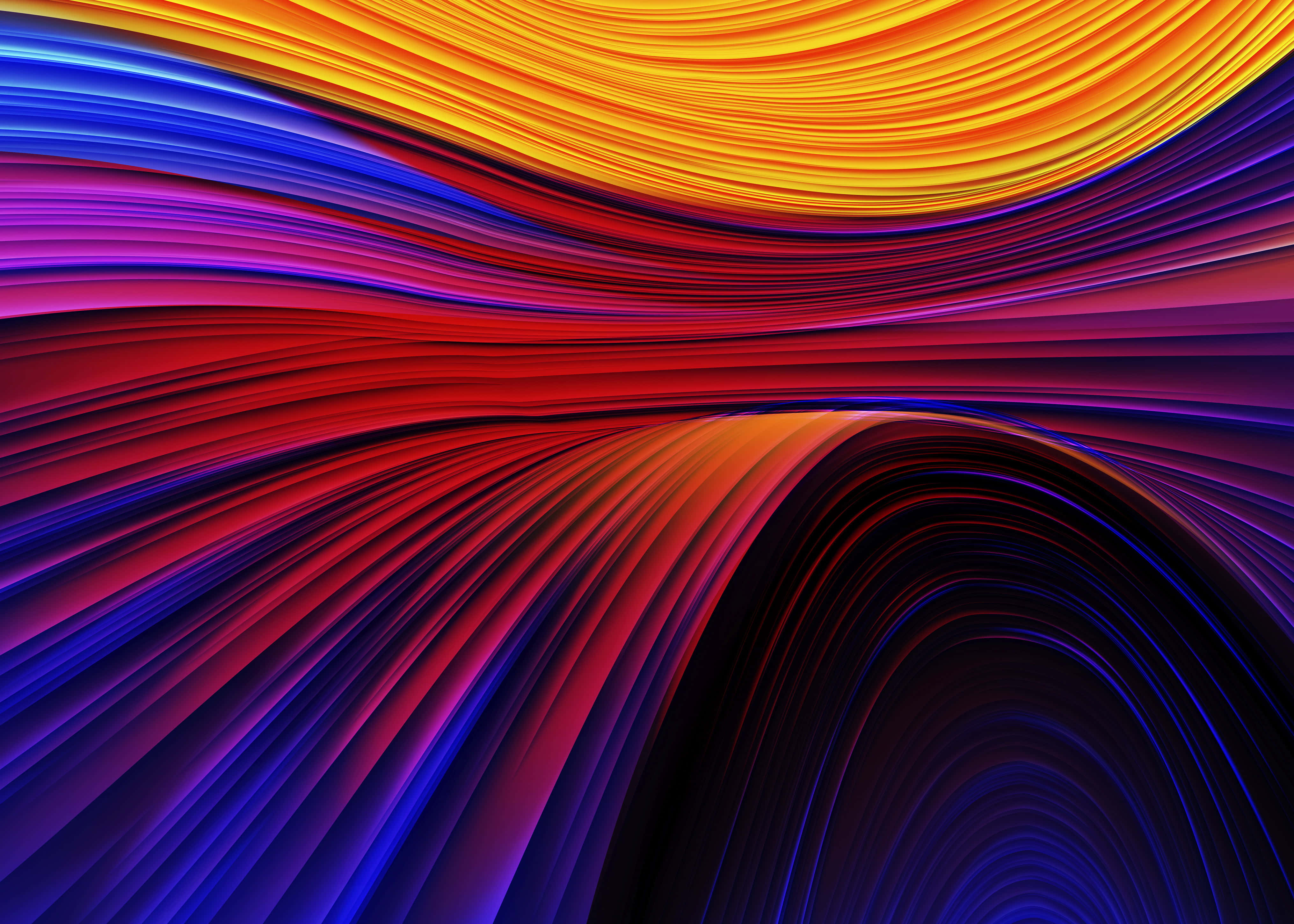 Neon Colors 桌布 壁紙 — 充滿活力的橙色、藍色和紅色漩渦絲帶在深色背景上動態流動，營造出迷人的抽象動感。