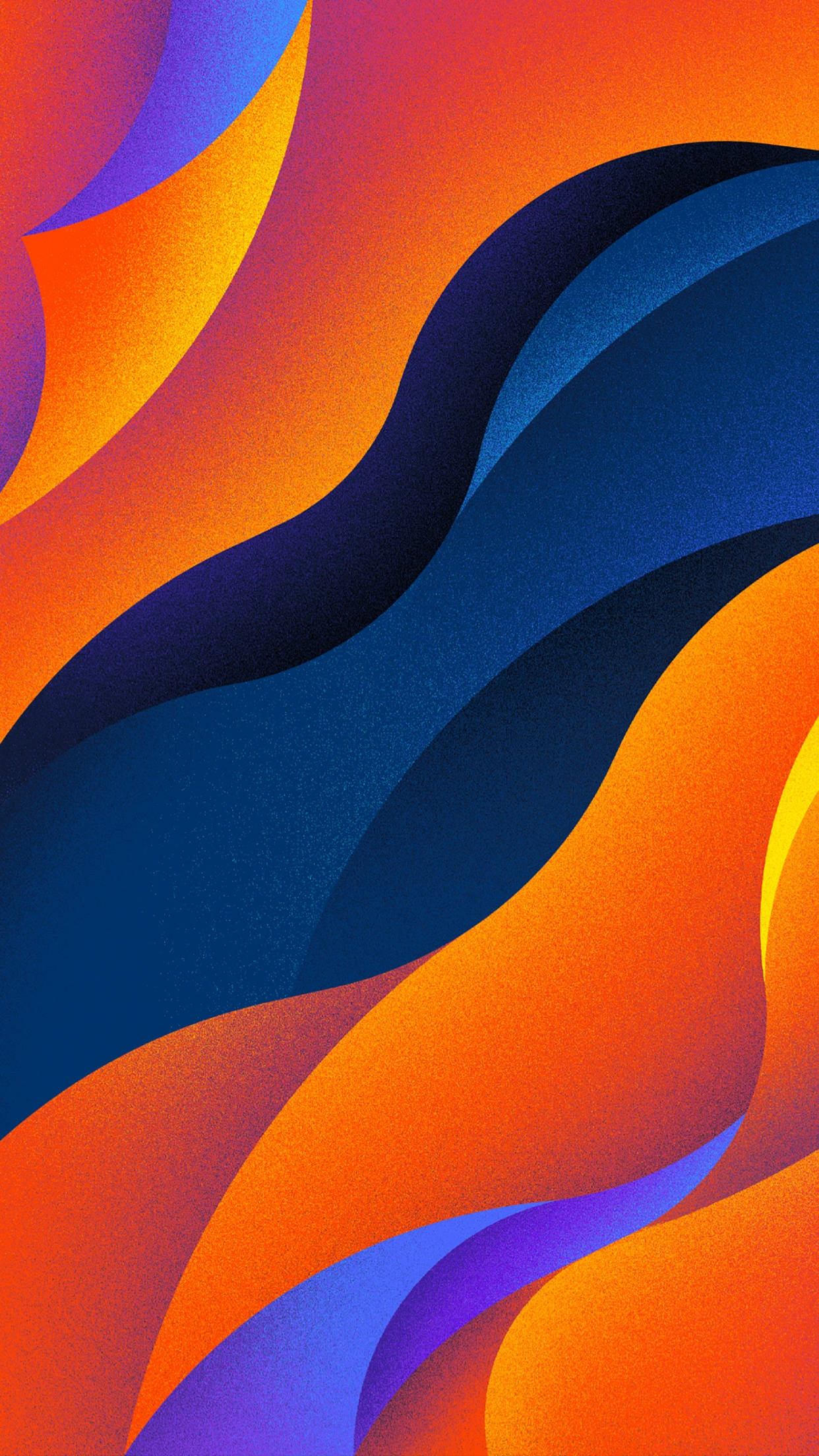 Colorful Aesthetic 桌布 壁紙 — 充滿活力的橙色、藍色和紫色抽象波浪在畫布上動態流動，帶有柔和漸變和紋理表面。