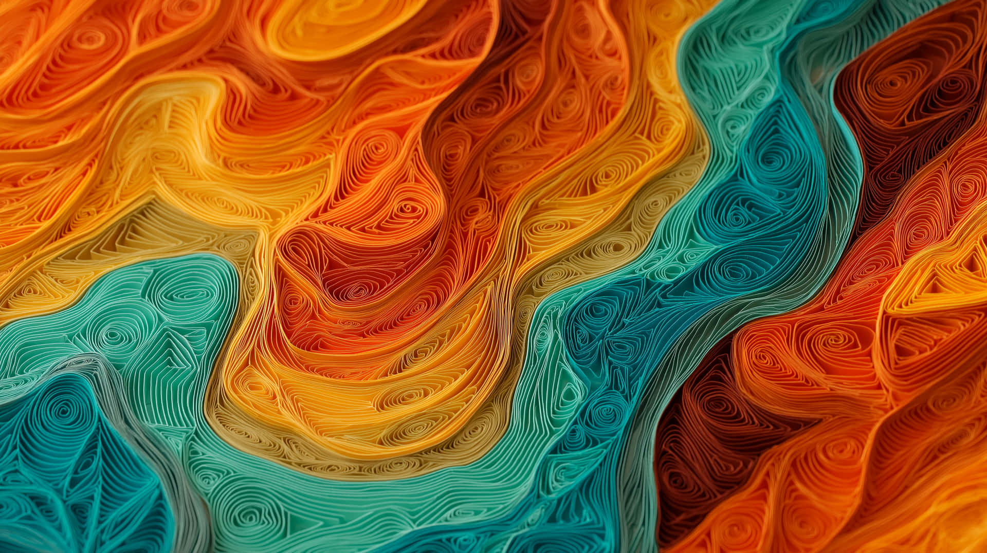 Dynamic Abstract Paper Quilling Waves & Swirls Texture 壁紙 — 充滿活力的橙色、黃色和藍綠色抽象漩渦，營造出動態流動的圖案，帶有複雜的分層紋理。