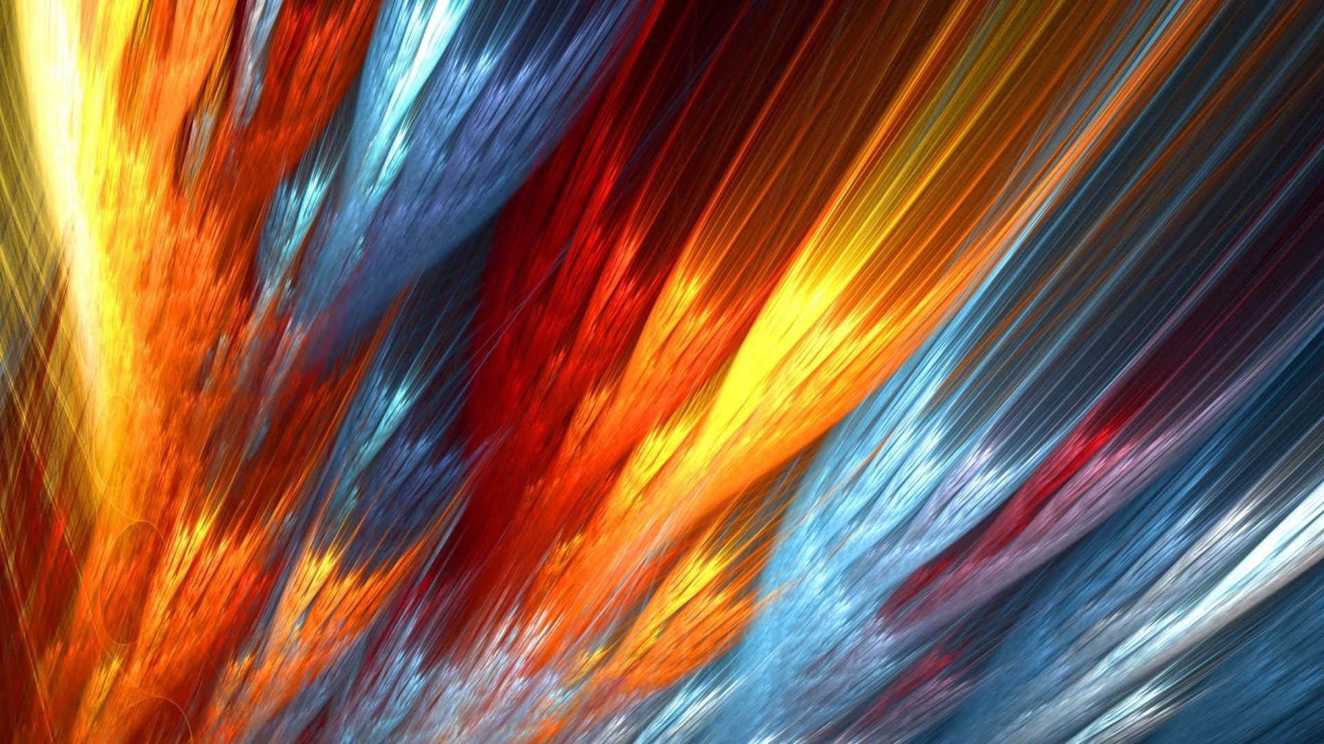 Orange Abstract 桌布 壁紙 — 充滿活力的橙色、黃色和藍色條紋沿對角線輻射穿過動態抽象構圖。