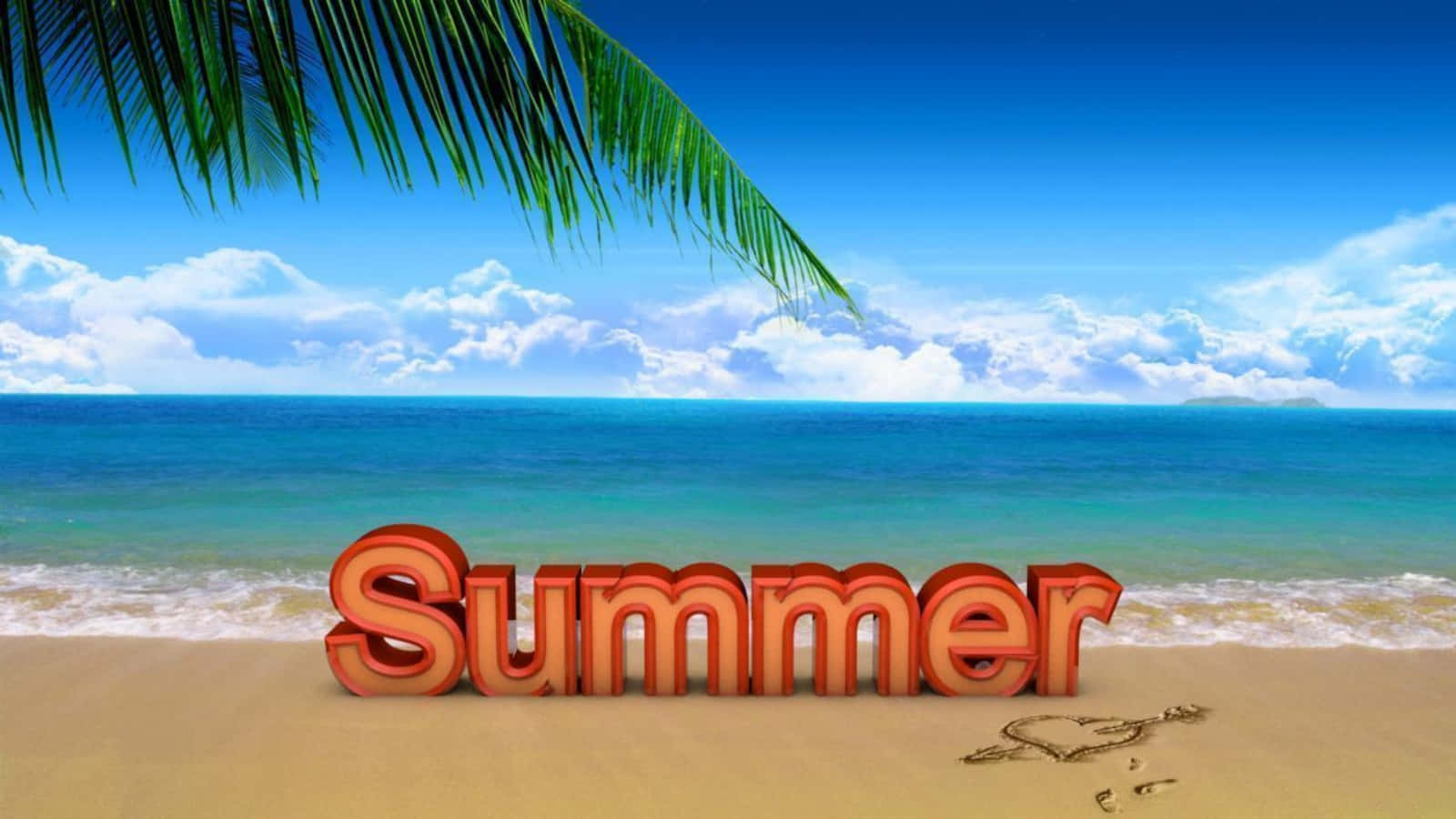 夏天 桌布 壁紙 — 充滿活力的橙色3D夏日字母躺在金色沙灘上，在茂密的棕櫚葉下，襯托著碧綠海洋和明亮藍天。
