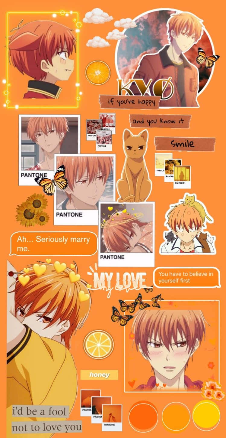Kyo Sohma 桌布 壁紙 — 充滿活力的橙色動漫壁紙拼貼，包含多個紅髮男性角色的肖像，搭配蝴蝶和勵志語錄。