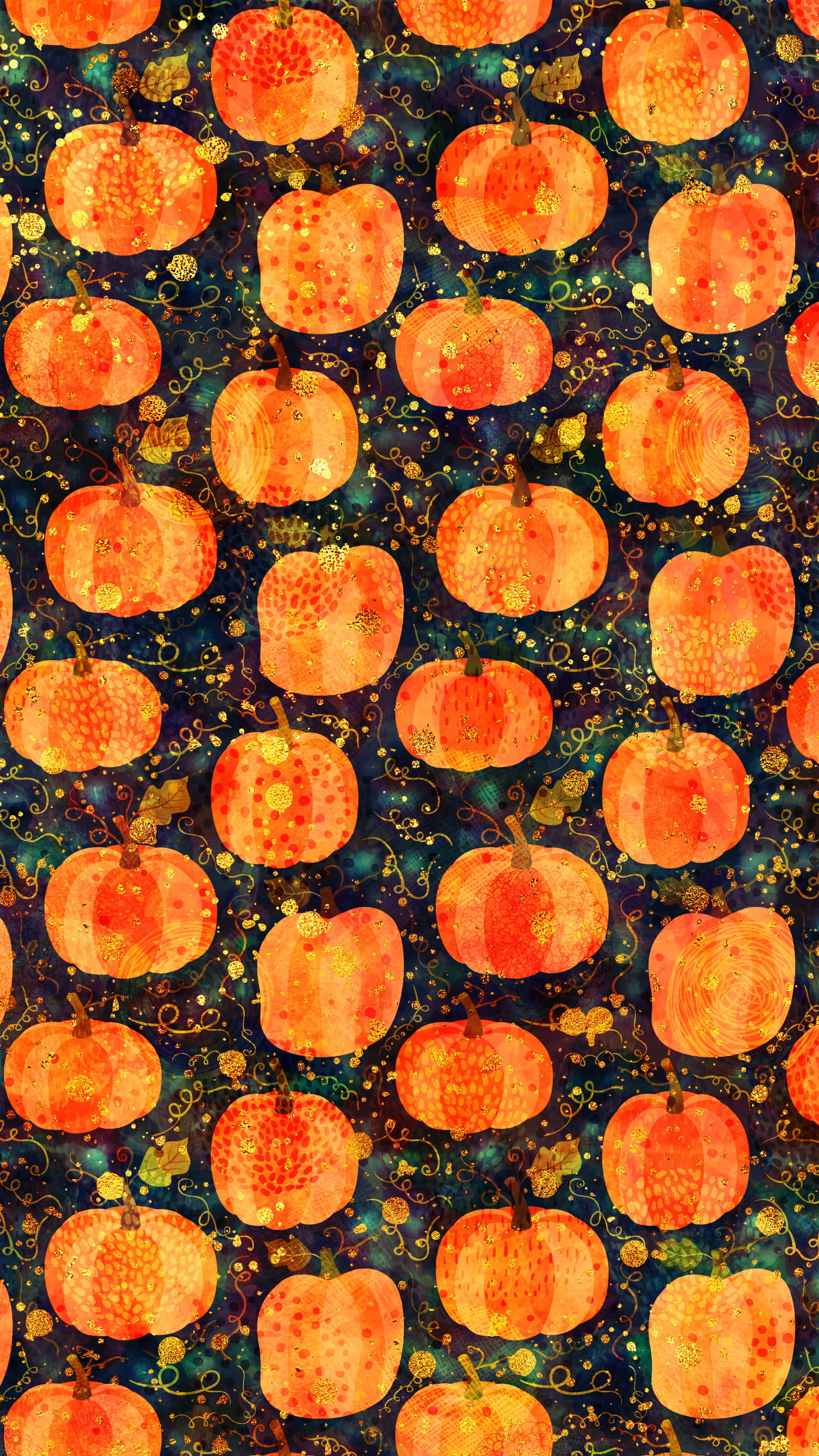 Cute Pumpkin iPhone 桌布 壁紙 — 充滿活力的橙色南瓜帶有金色斑點，漂浮在深藍綠色背景上，背景飾有旋轉的金色藤蔓。
