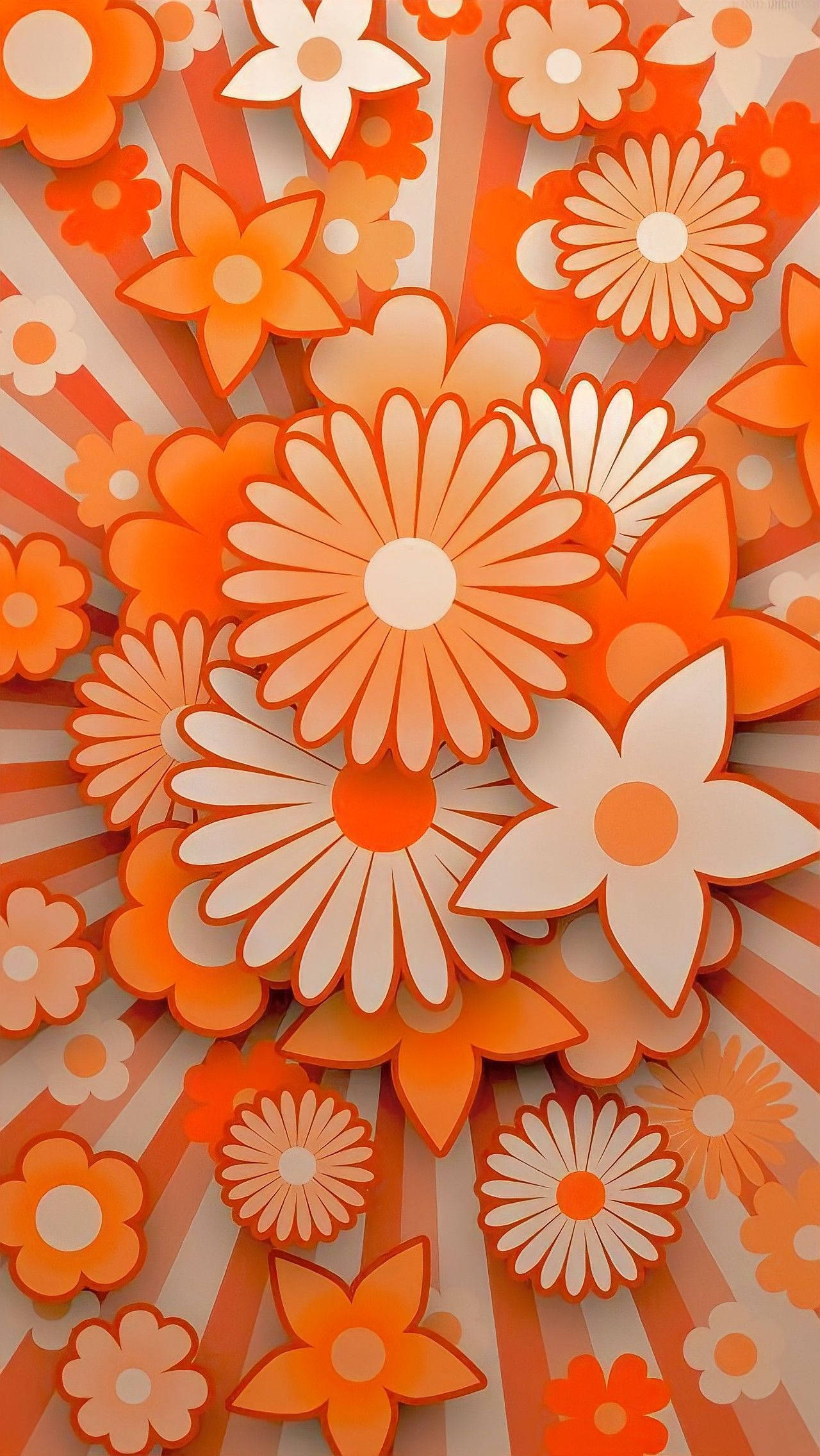 Orange Floral 桌布 壁紙 — 充滿活力的橙色和奶油色紙藝花朵在放射狀條紋背景上綻放，呈現大膽復古風格。