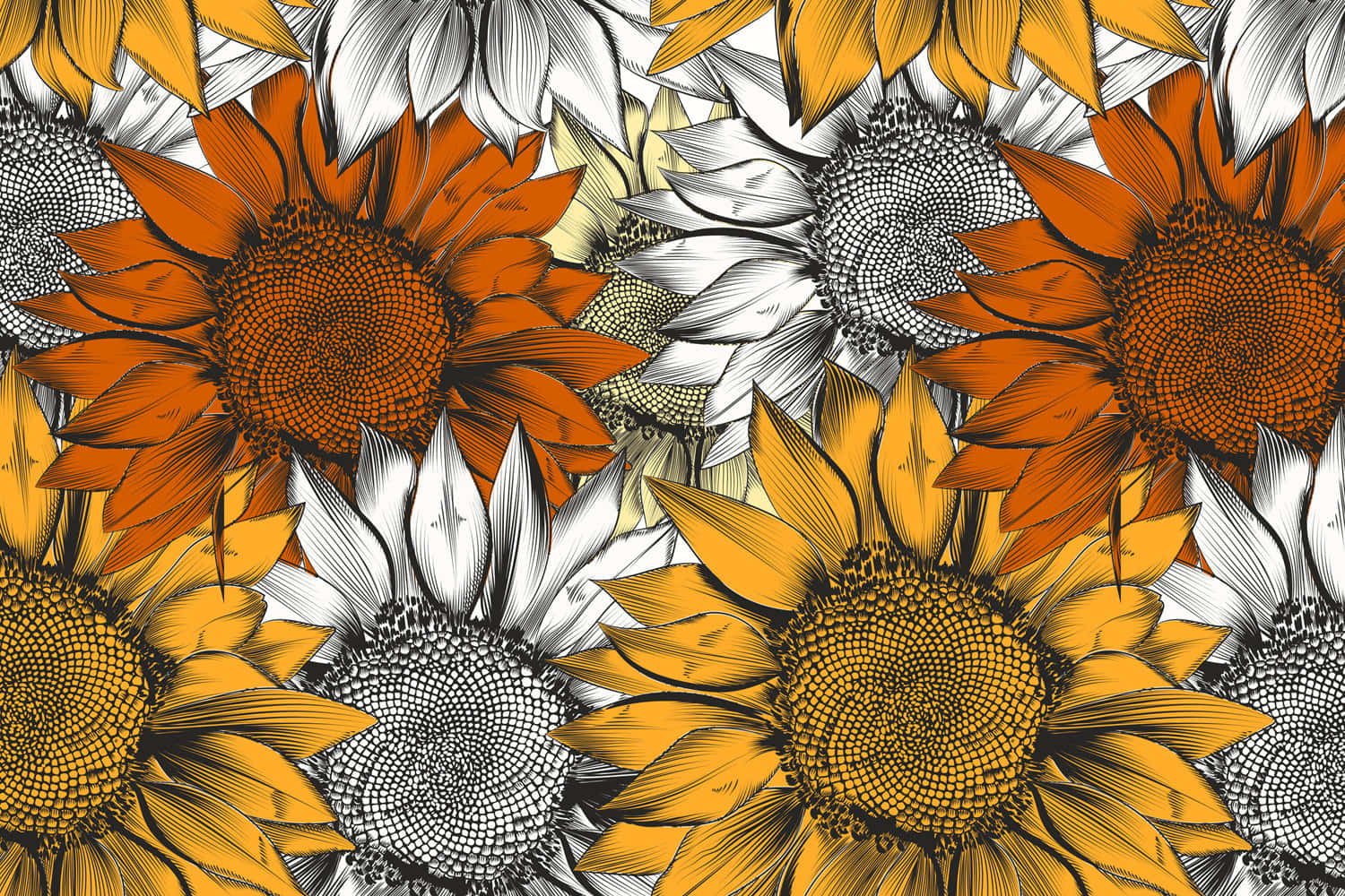 Sunflowers 桌布 壁紙 — 充滿活力的橙色和白色向日葵，帶有細緻的黑色線條，形成大膽的重複圖案。