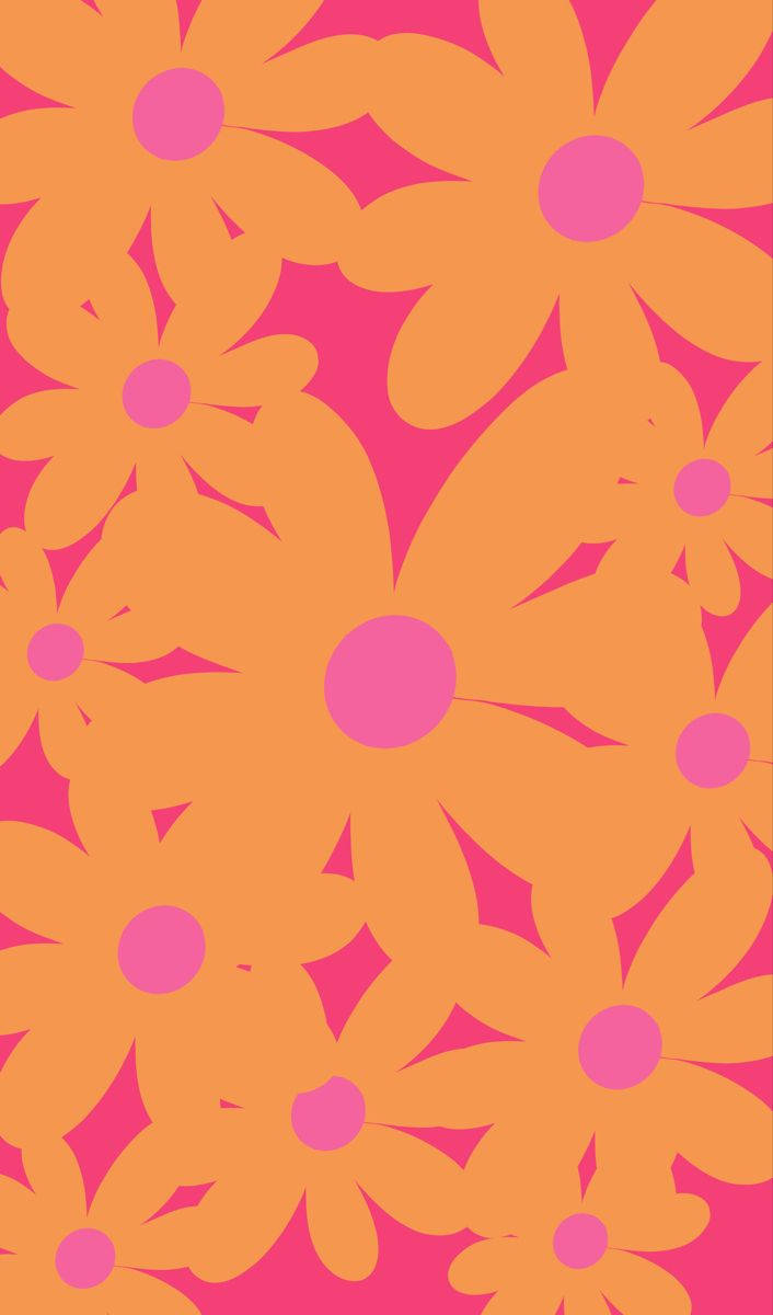 Flower Pattern 桌布 壁紙 — 充滿活力的橙色和粉紅色風格化花朵，以重複圖案呈現，帶有鮮明的幾何花瓣。