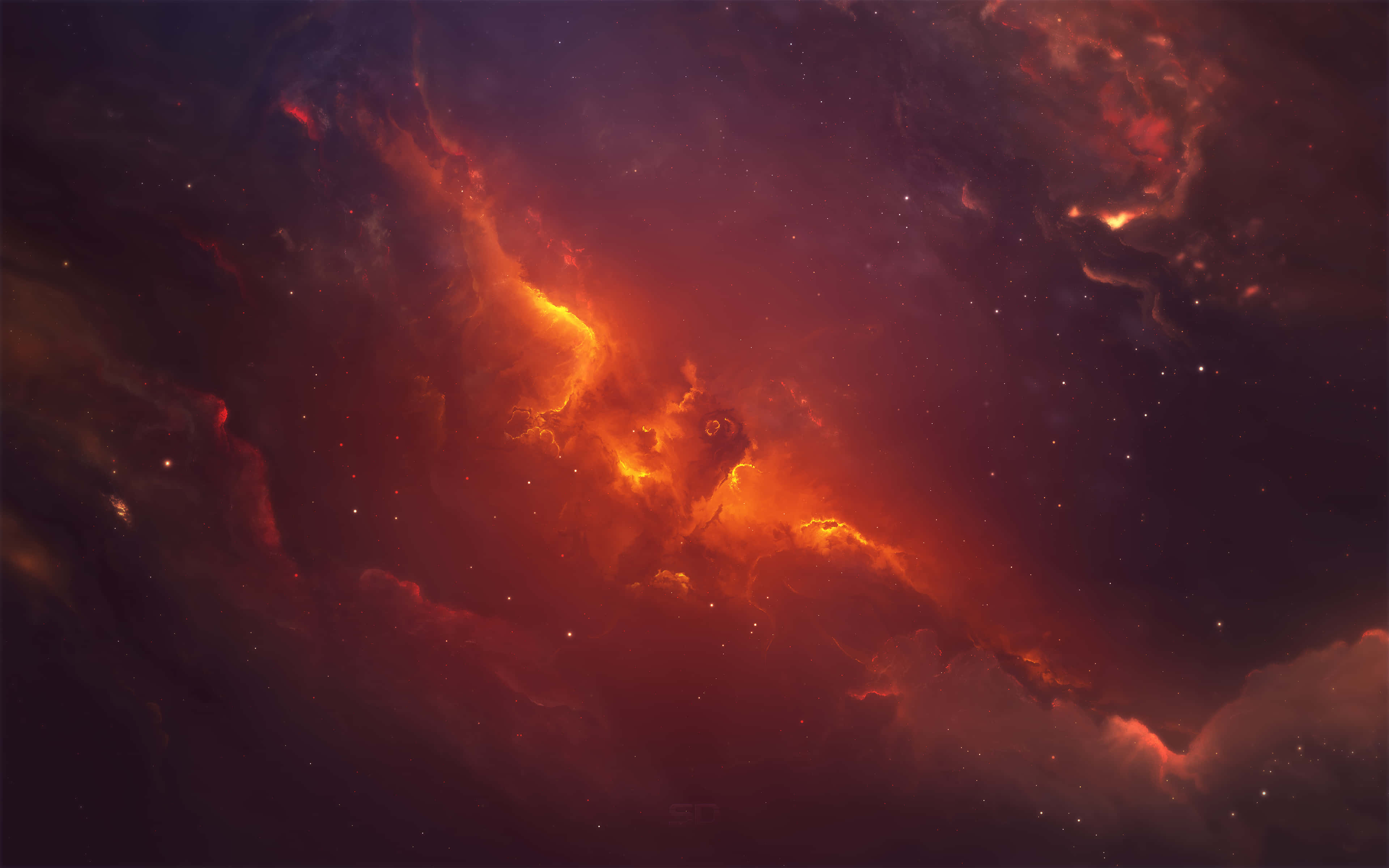 Red Space 桌布 壁紙 — 充滿活力的橙色和紅色宇宙星雲，在黑暗的太空背景下閃爍著散落的星星。
