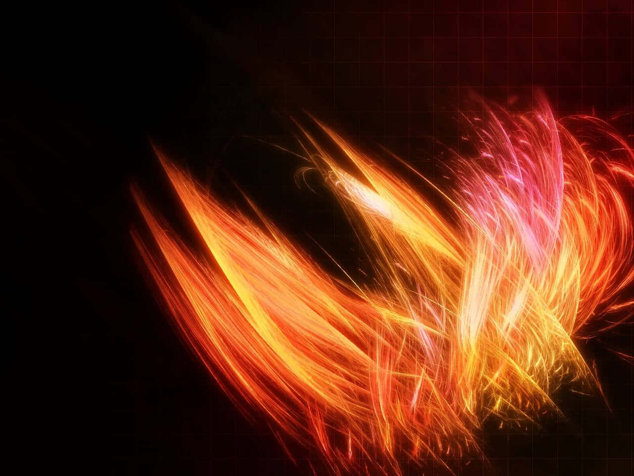 Beautiful Neon 桌布 壁紙 — 充滿活力的橙色和紅色能量條紋在深色網格背景上動態爆發。