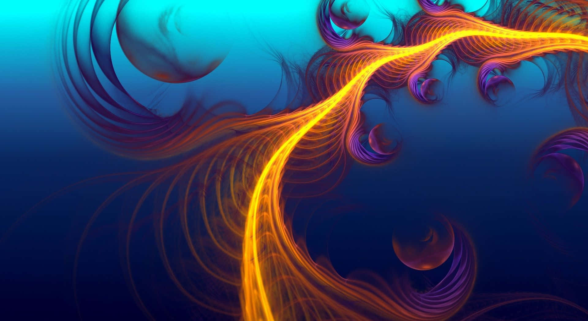 chakra 桌布 壁紙 — 充滿活力的橙色和紫色分形卷鬚在深藍色漸變背景上旋轉。