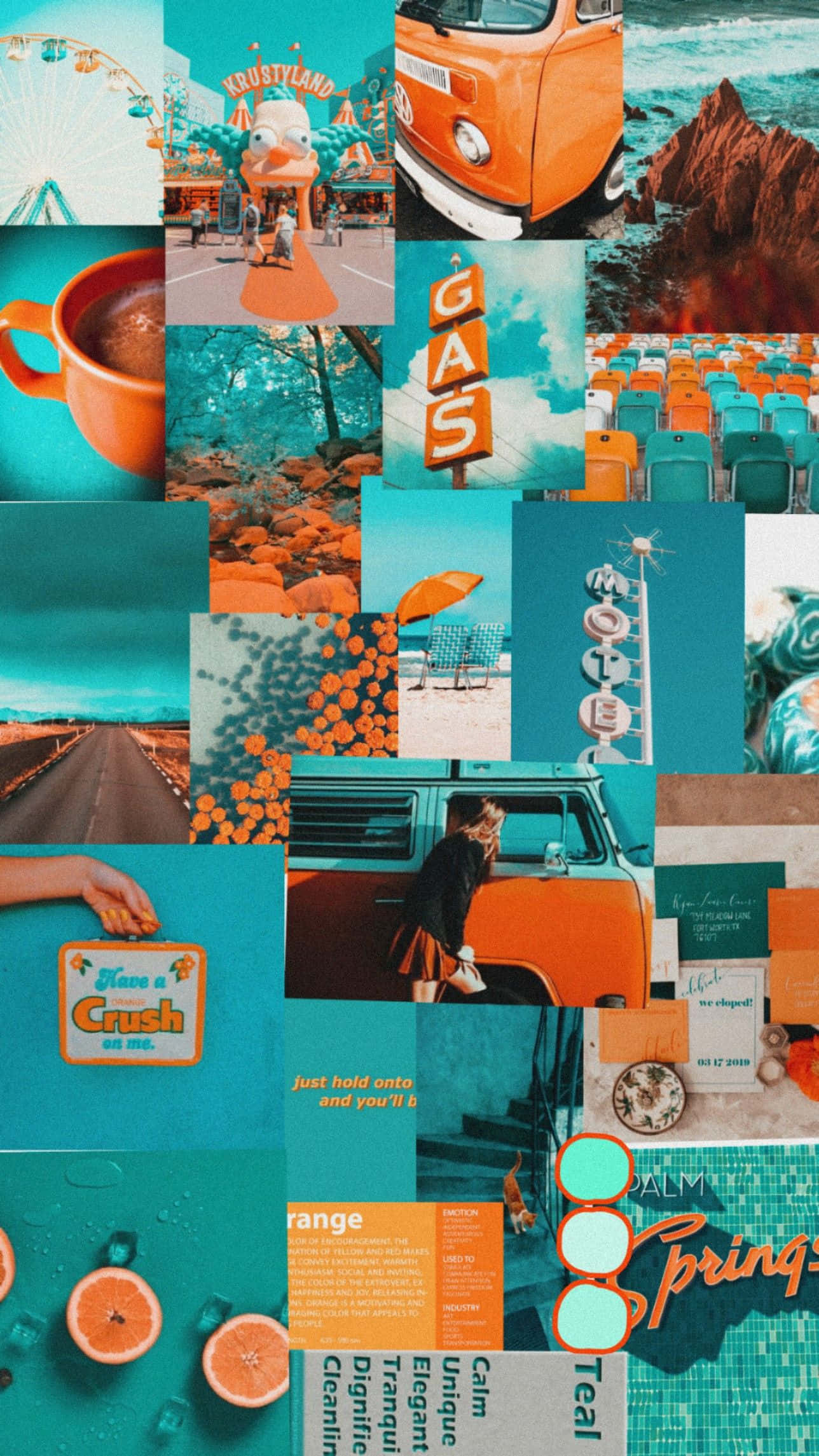 Orange And Teal 桌布 壁紙 — 充滿活力的橙色和藍綠色復古拼貼畫，包括復古廂型車、汽車旅館標誌、咖啡杯和沙漠公路。