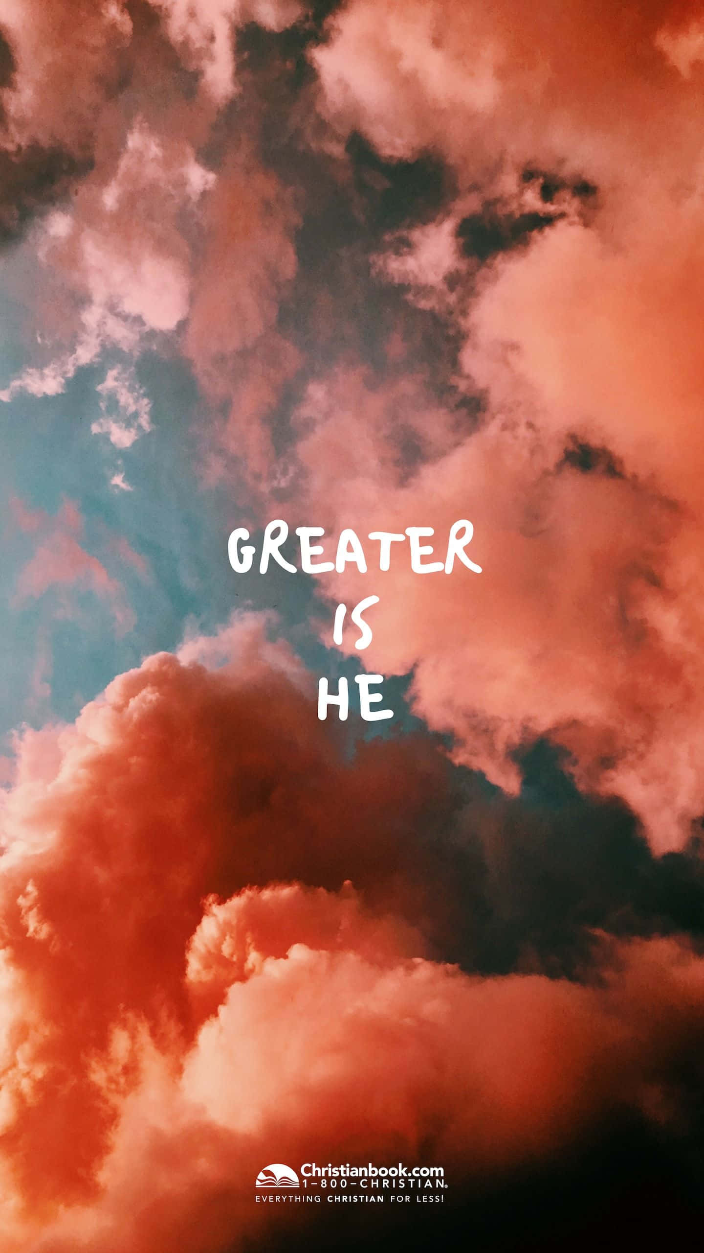 Cool Christian 桌布 壁紙 — 充滿活力的橙色和藍綠色雲彩在靈性天空場景中戲劇性地旋轉，背後是粗體白色文字宣告「GREATER IS HE」。
