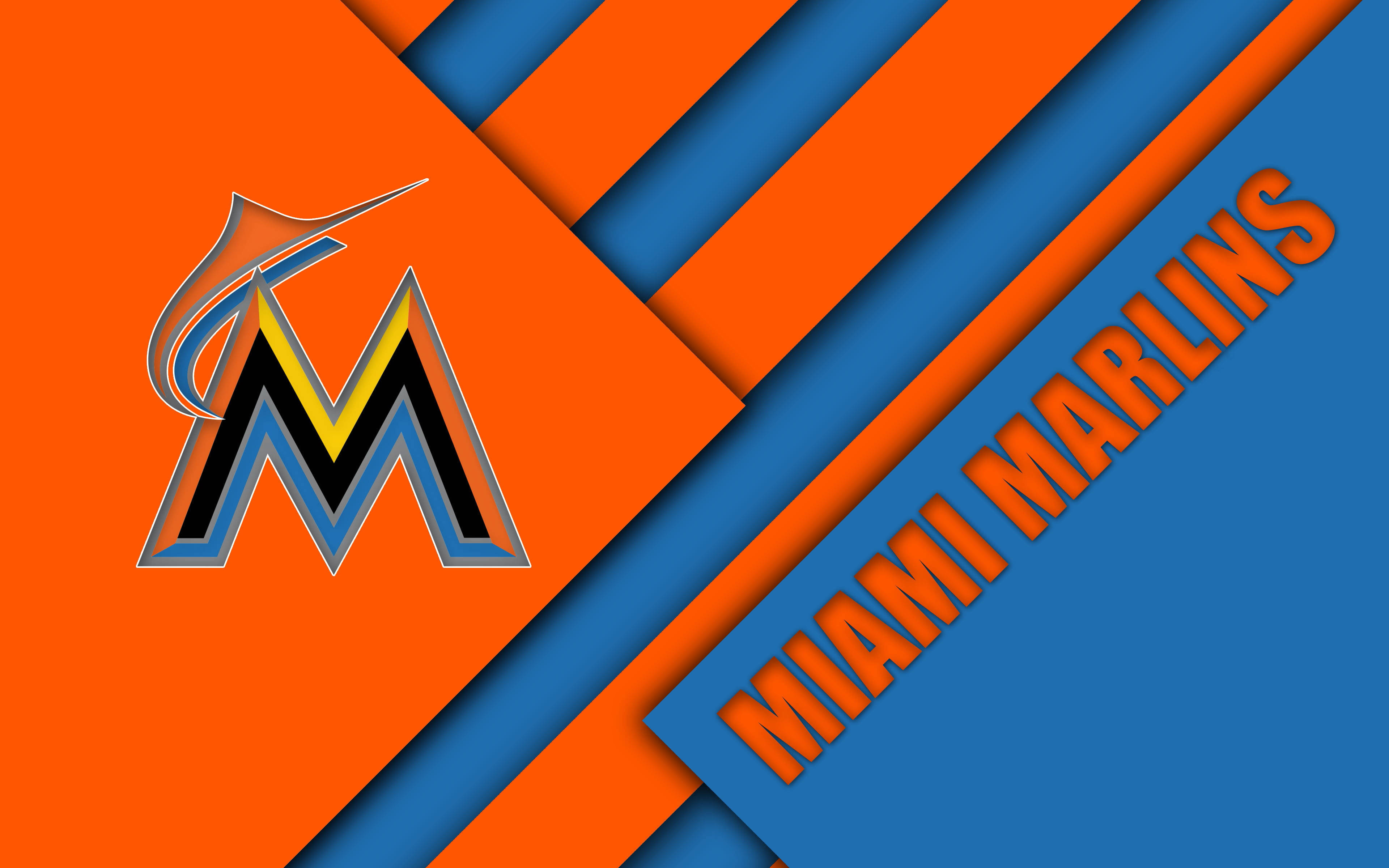 Marlins 桌布 壁紙 — 充滿活力的橙色和藍色對角線條紋，以粗體風格文字框住邁阿密馬林魚隊標誌和球隊名稱。