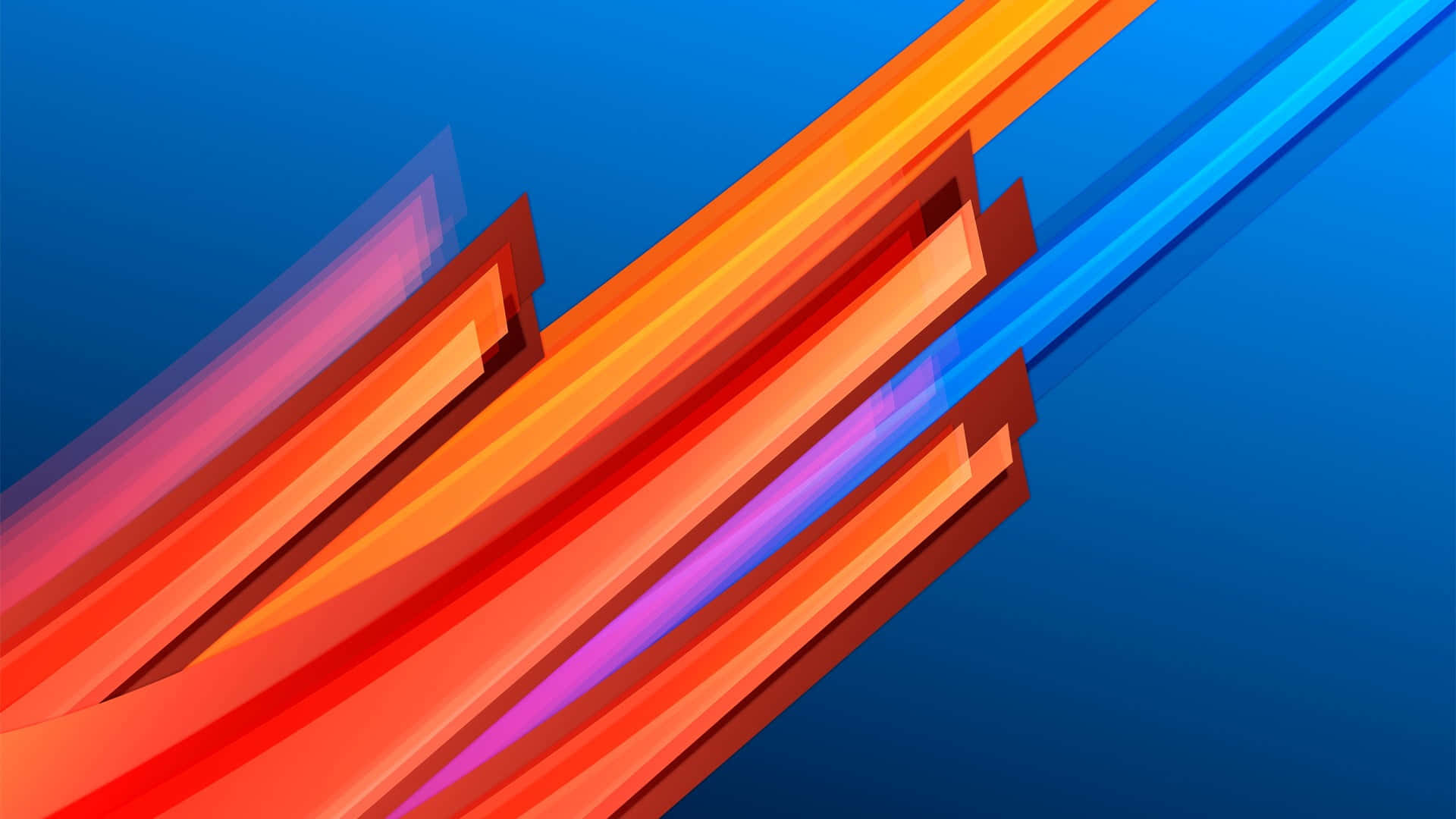 Minimalist Abstract 桌布 壁紙 — 充滿活力的橙色和藍色幾何條紋對角線延伸穿過帶有發光邊緣的漸變藍色背景。