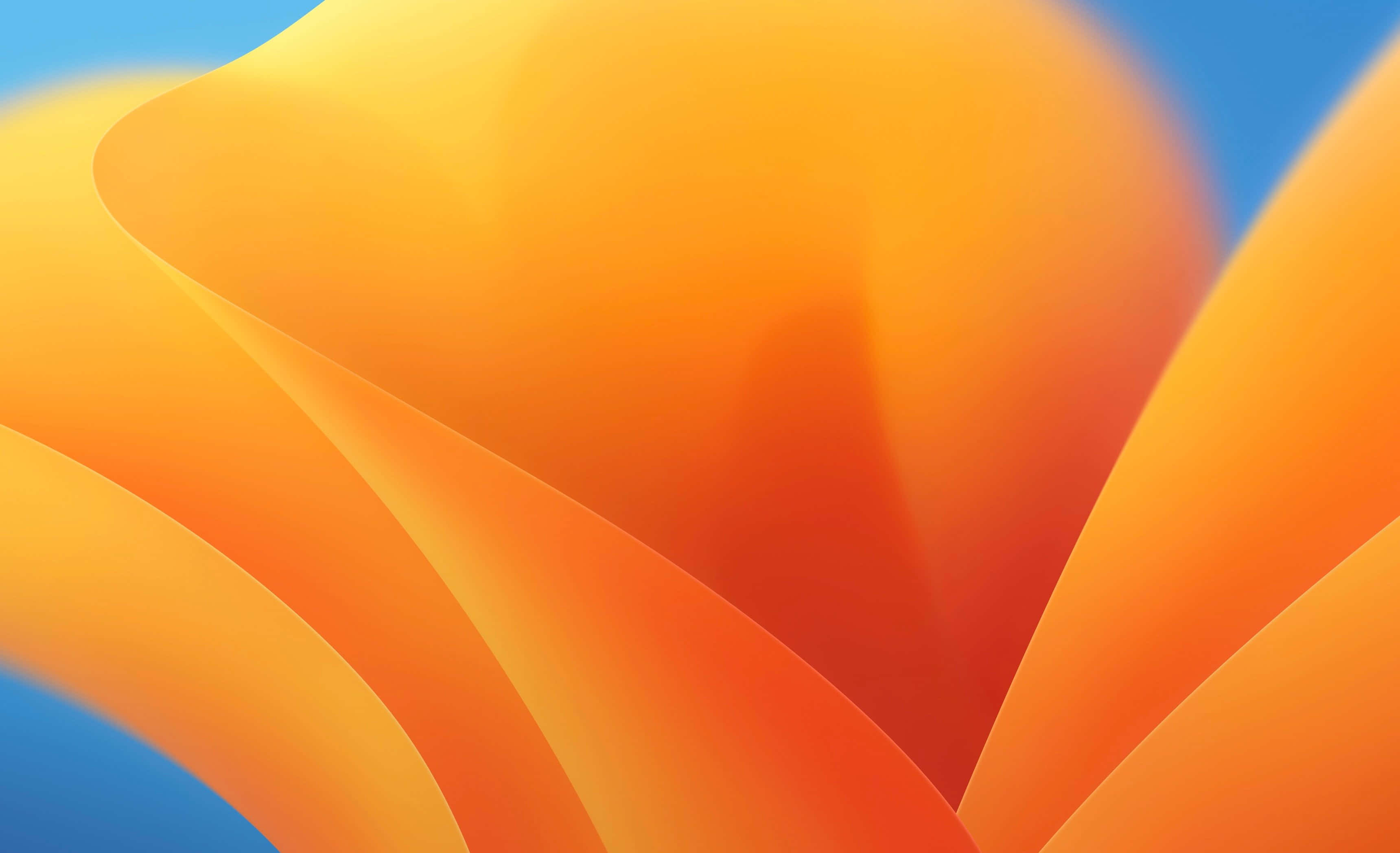 macOS 桌布 壁紙 — 充滿活力的橙色和藍色抽象波浪融合成平滑的漸變，帶有柔和的光線亮點。