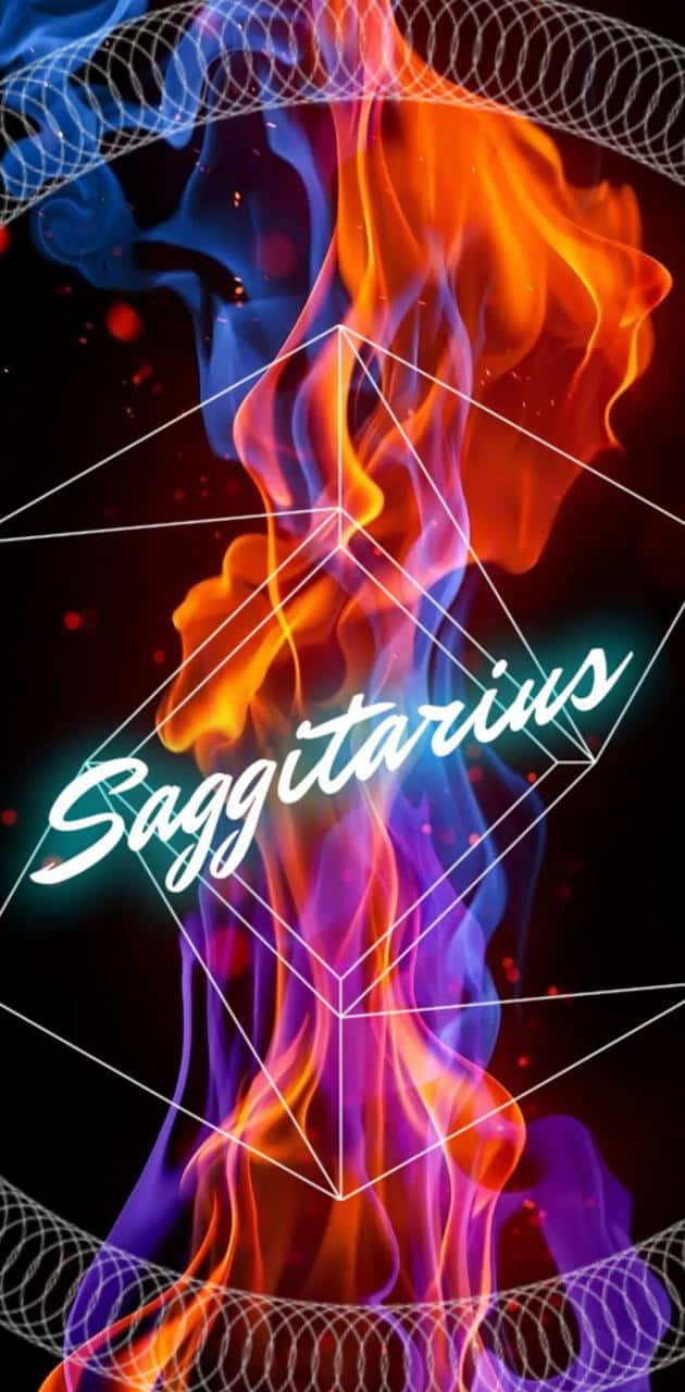 sagittarius 桌布 壁紙 — 充滿活力的橙色和藍色火焰在黑暗背景上帶有「射手座」字樣的發光幾何框架內旋轉。