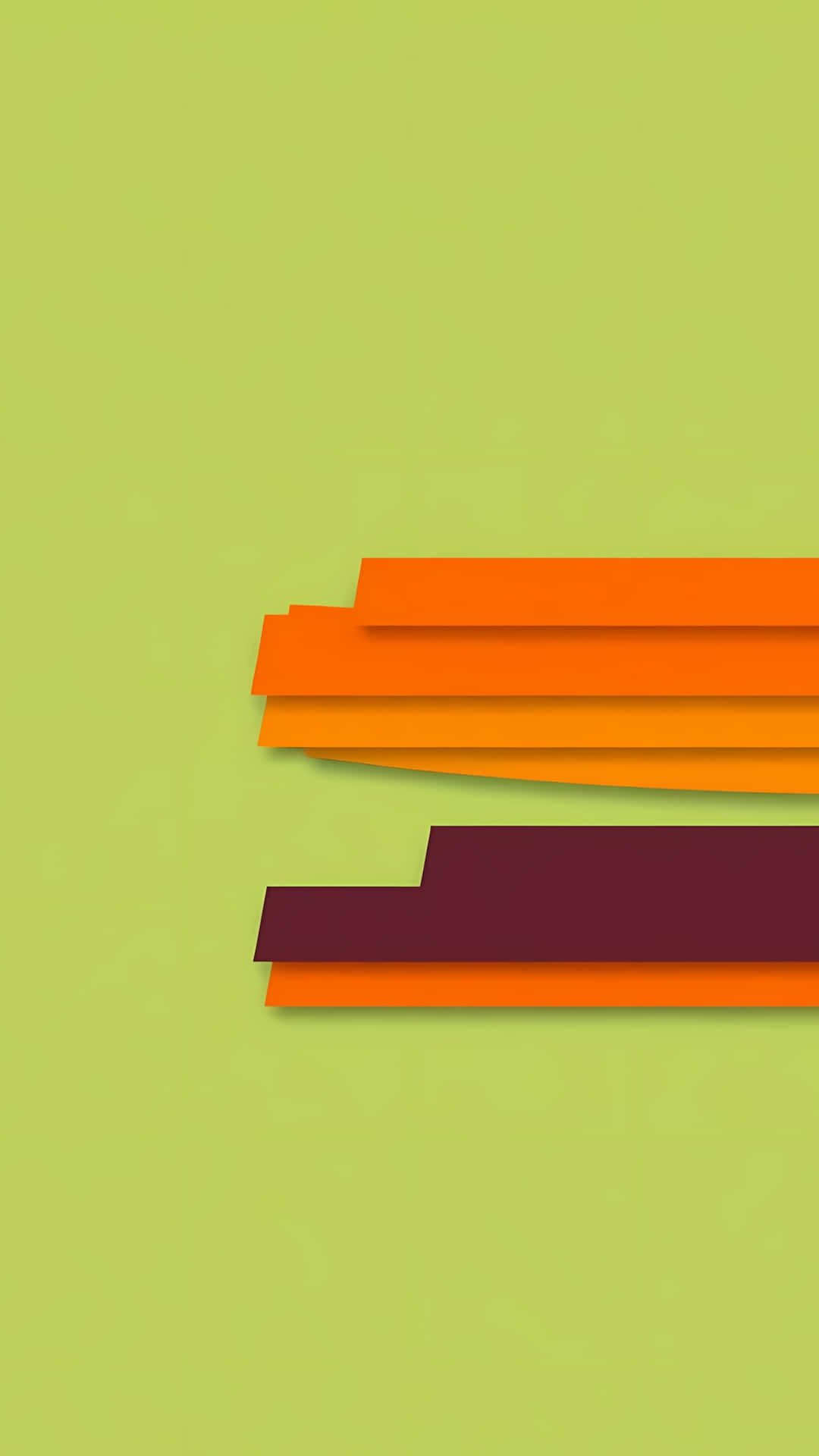 Abstract Green and Orange Geometric Paper Cut 壁紙 — 充滿活力的橙色和酒紅色分層紙條在柔和的萊姆綠色背景上對角漂浮。