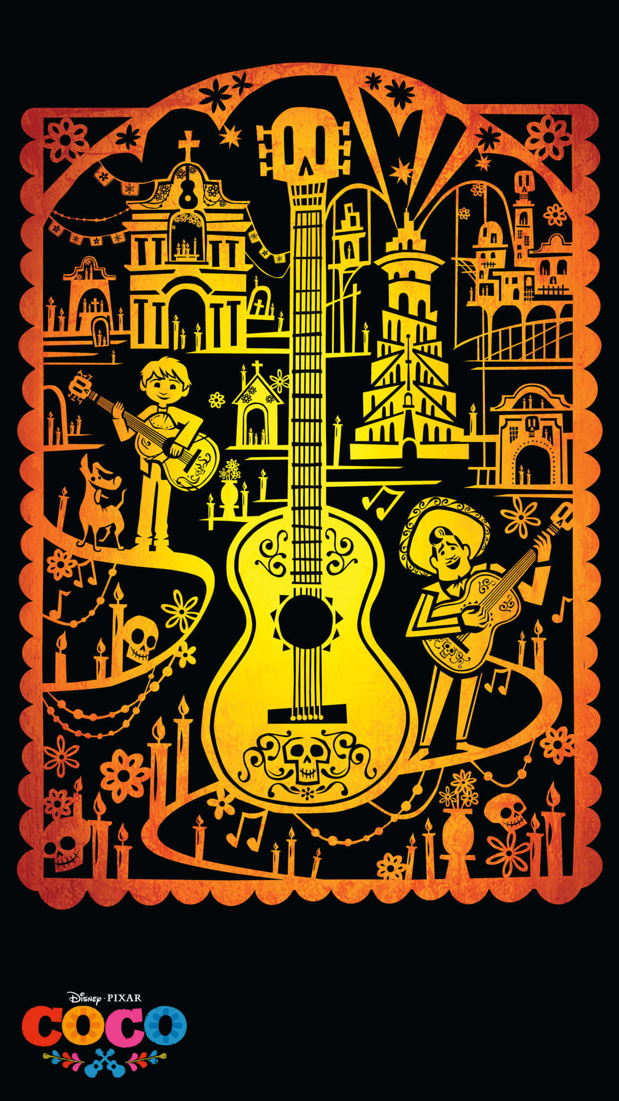 可可 桌布 壁紙 — 充滿活力的橙色和黃色 papel picado 藝術品，描繪兩位音樂家在墨西哥亡靈節主題和建築中彈奏吉他。