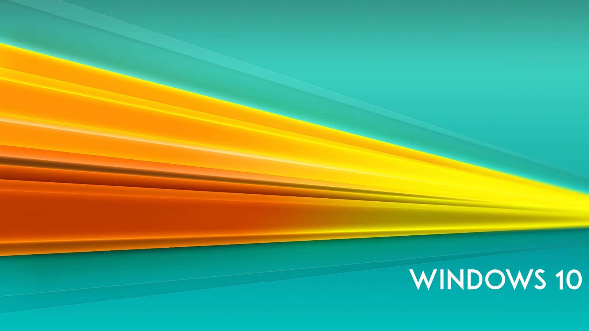 Windows 10 Desktop 桌布 壁紙 — 充滿活力的橙色和黃色光束斜向劃過帶有 'WINDOWS 10' 文字的青色漸變背景。