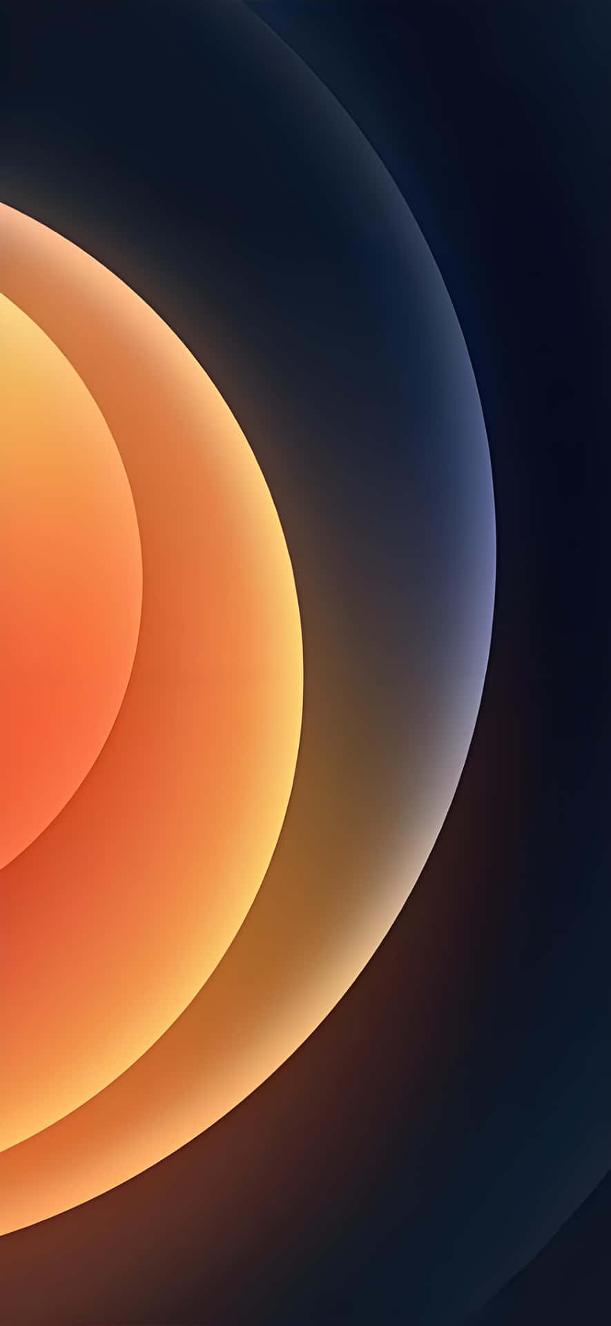 Gradient Circles: Minimalist Modern Geometric Wallpaper 壁紙 — 充滿活力的橙色和黃色彎曲帶在深海軍藍漸變背景上發光。